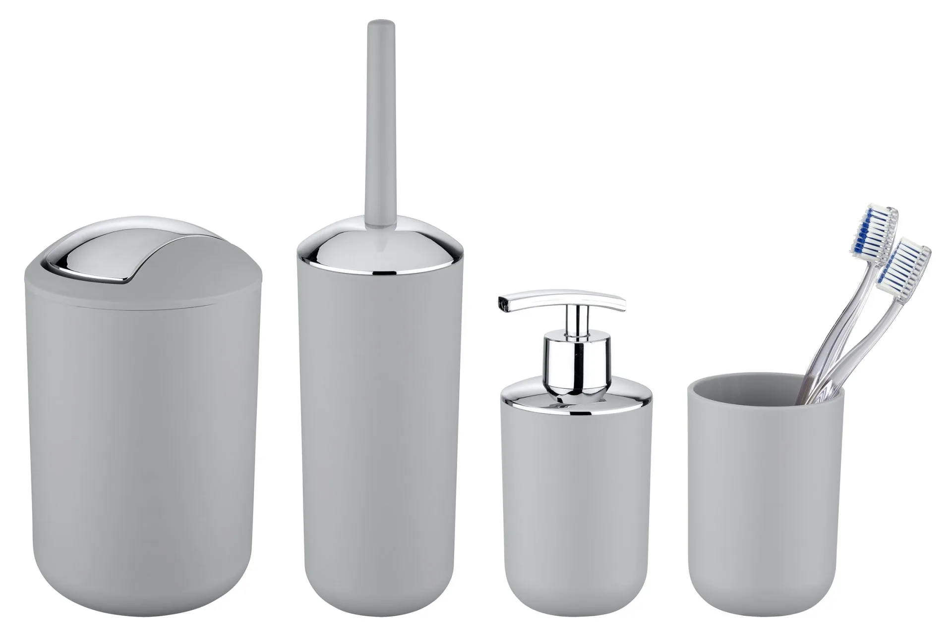 WENKO BRASIL Accessoire Set, Grau, Zahnputzbecher, Seifenspender, WC-Garnitur, Kosmetikeimer