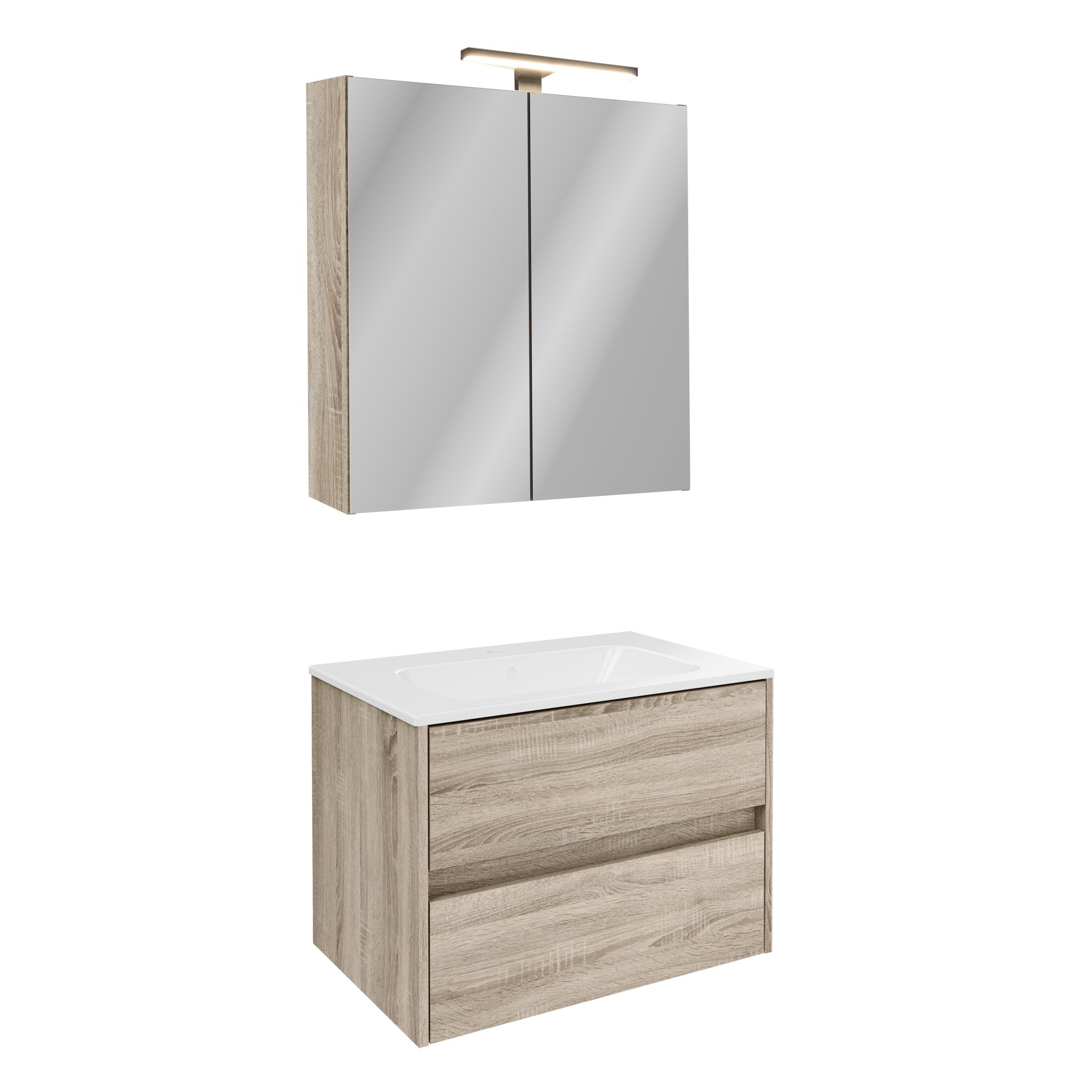 FACKELMANN COMPACT LINE Waschtisch Set mit Spiegelschrank 71 cm breit, Braun, Waschbecken Keramik Weiß, inklusive Aufsatzleuchte und Energie Box, 2 Schubladen