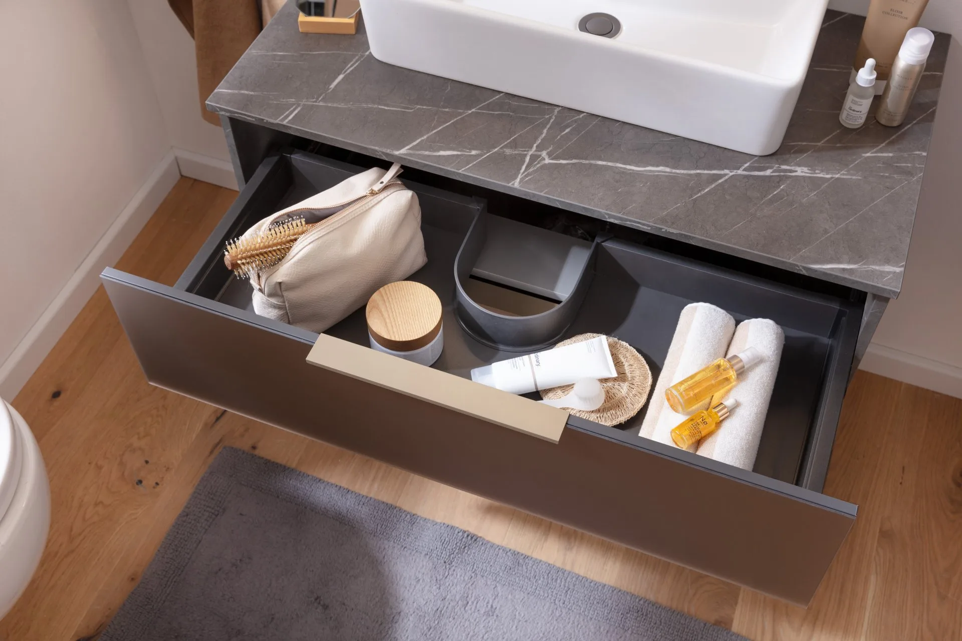 LANZET VIDRO Waschbecken mit Unterschrank 90 cm breit, Braun/Marmor Grau, Waschbecken Keramik Weiß