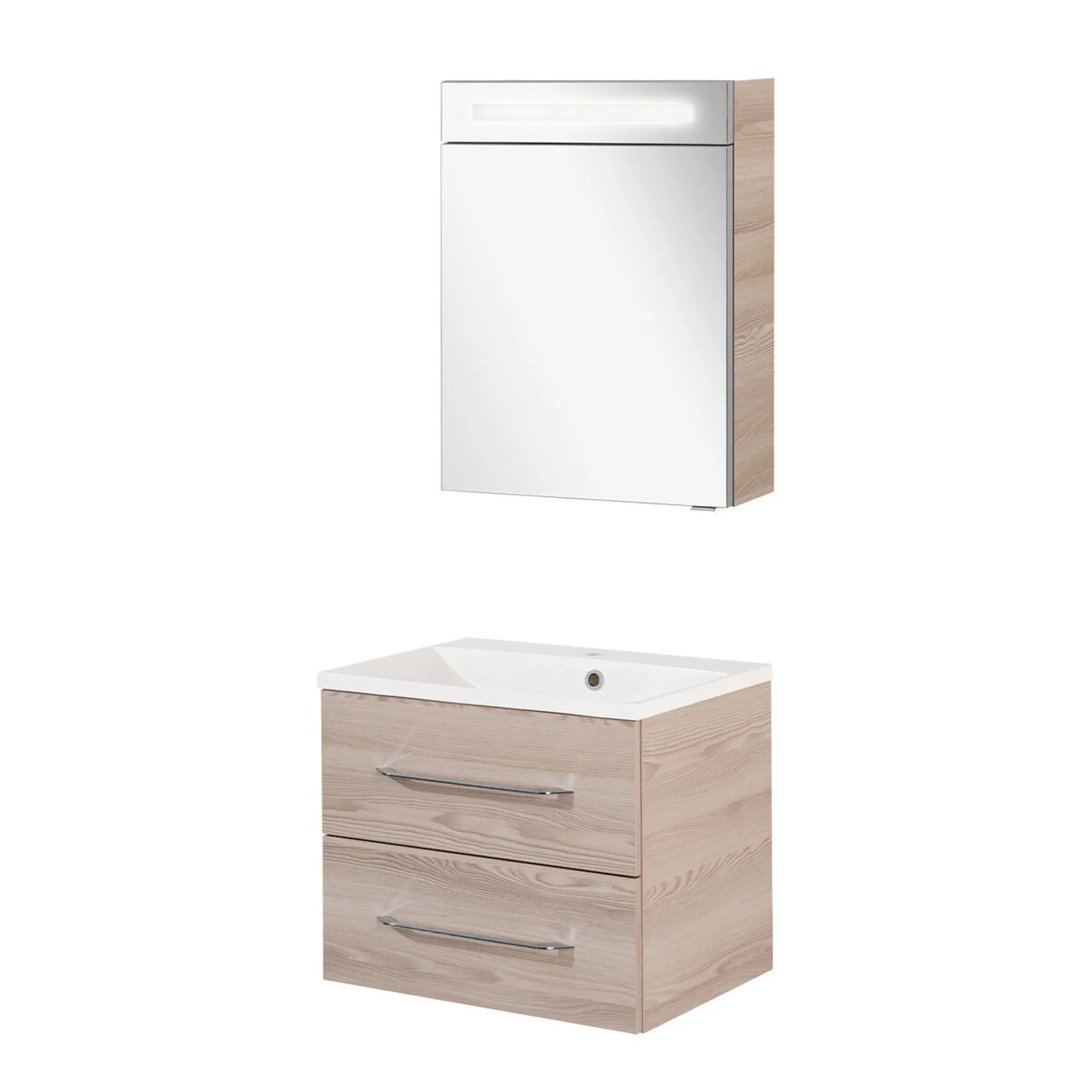 FACKELMANN B.CLEVER Waschtisch Set mit Spiegelschrank 60 cm breit, Braun hell, Waschbecken Gussmarmor Weiß