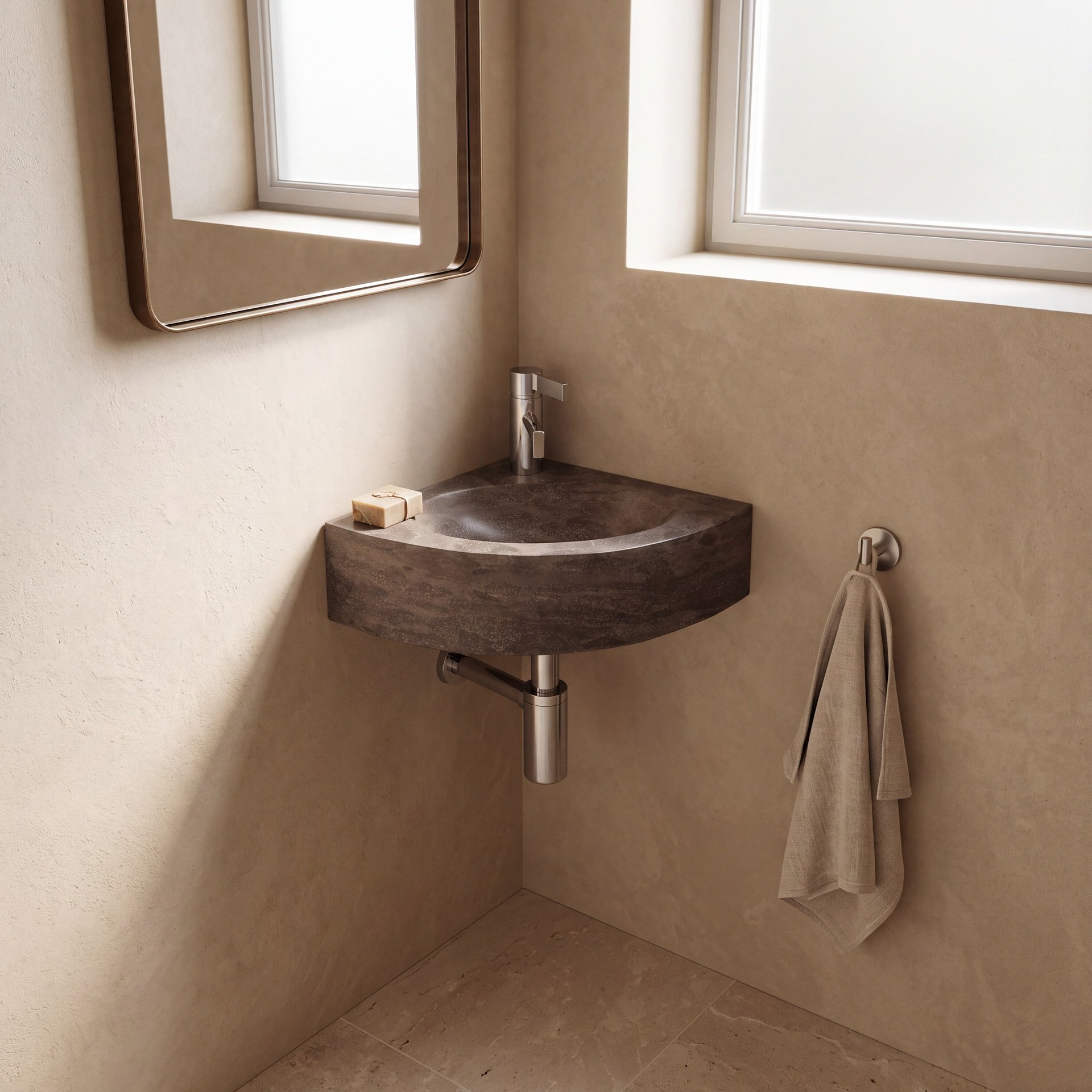FORZALAQUA TURINO Waschbecken 30 cm breit, Bluestone, Naturstein, mit Hahnloch