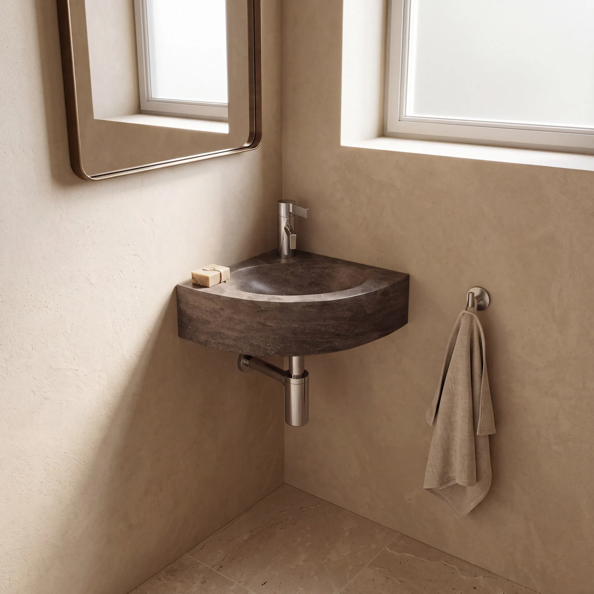 FORZALAQUA TURINO Waschbecken 30 cm breit, Bluestone, Naturstein, mit Hahnloch