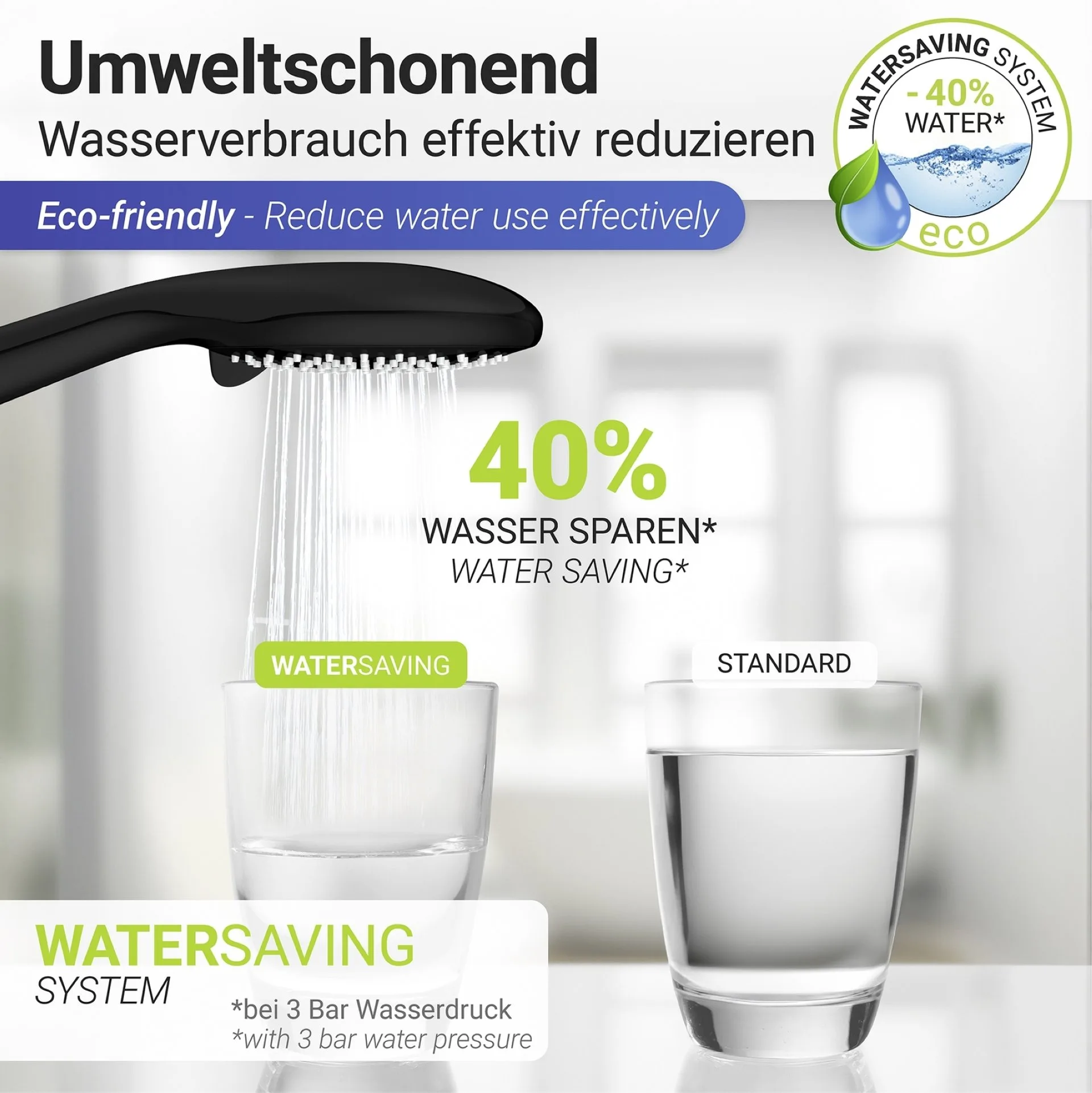 WENKO Duschkopf Ø 11 cm, Schwarz, mit Wassersparsystem, 3 verschiedene Wasserstrahlarten