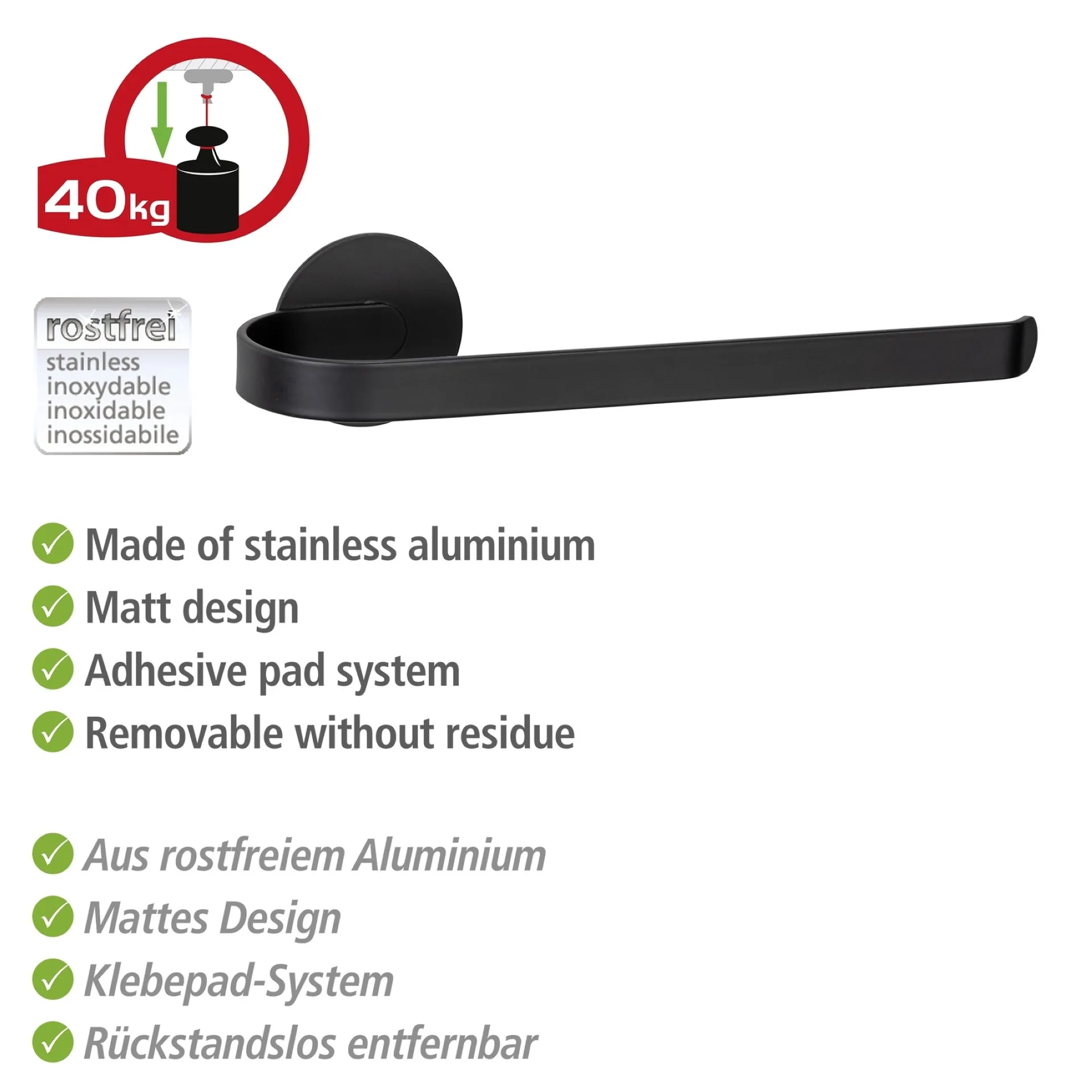 WENKO BIVIO Handtuchhalter 26,5 cm, Schwarz Matt, Aluminium, Befestigen ohne Bohren