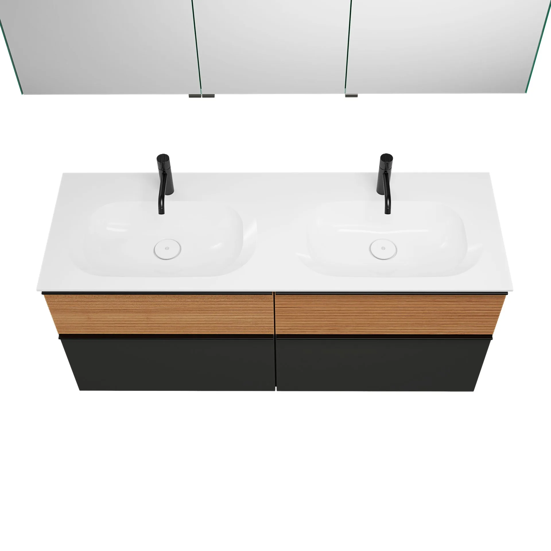 Burgbad FIUMO Waschtisch Set mit Spiegelschrank 142 cm breit, Braun/Anthrazit, Doppelwaschbecken Gussmarmor Weiß, 4 Schubladen, Anschlag rechts