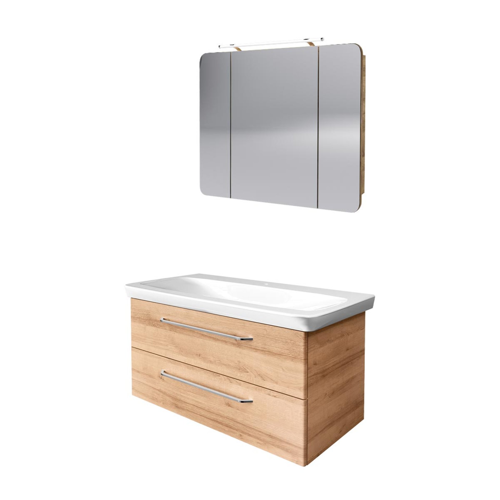 FACKELMANN MILANO Waschtisch Set mit Spiegelschrank 107 cm breit, Braun hell, Waschbecken Keramik