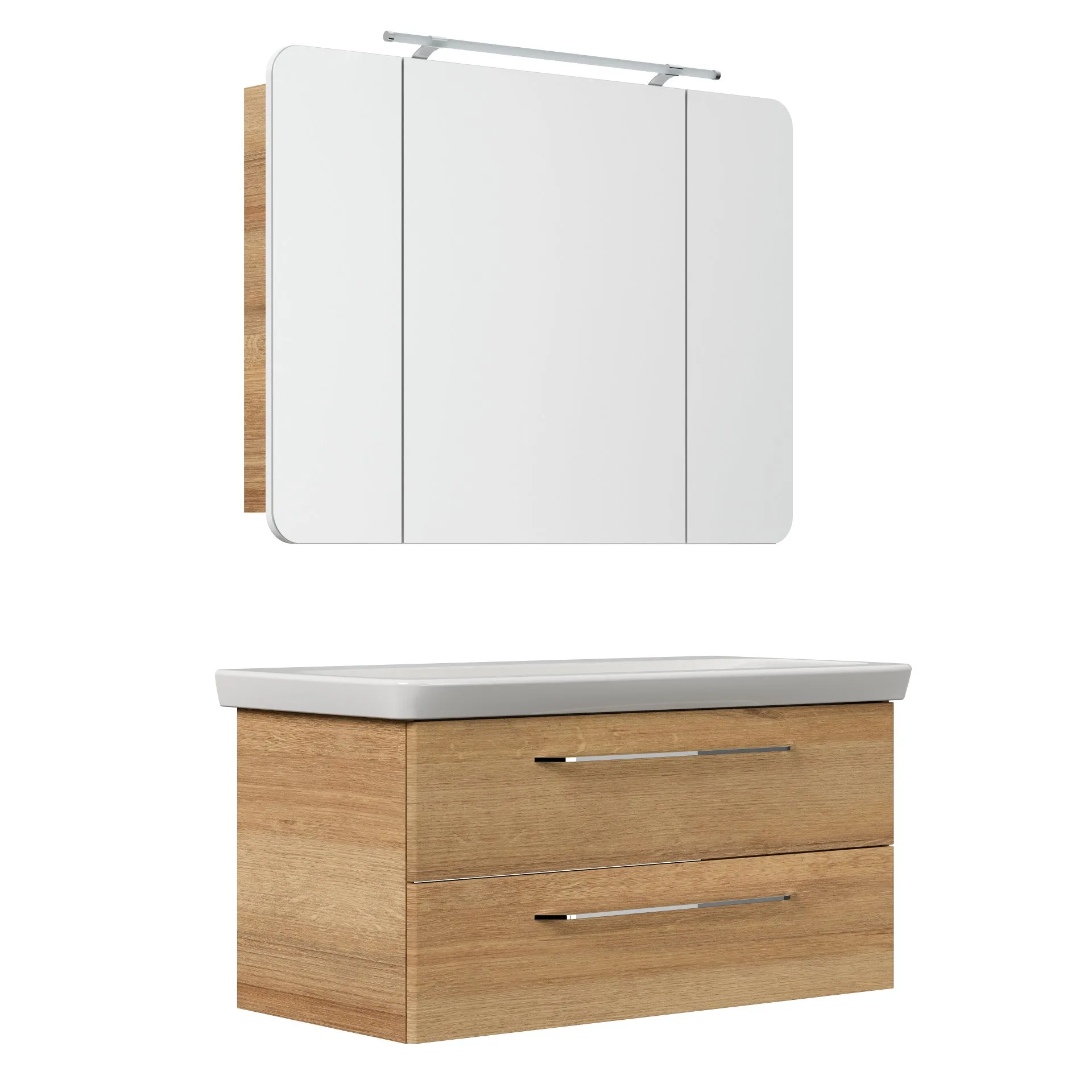 FACKELMANN MILANO Waschtisch Set mit Spiegelschrank 107 cm breit, Braun hell, Waschbecken Keramik Weiß