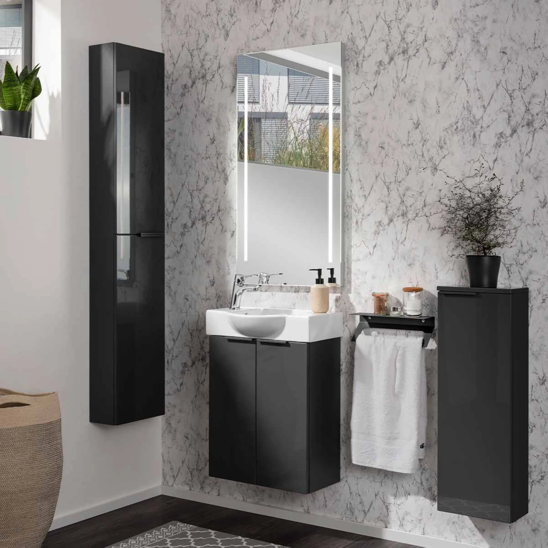 FACKELMANN SBC LUNA Gäste WC Waschtisch Set mit Spiegel 55 cm breit, Anthrazit, Waschbecken Keramik Weiß, Hahnloch links