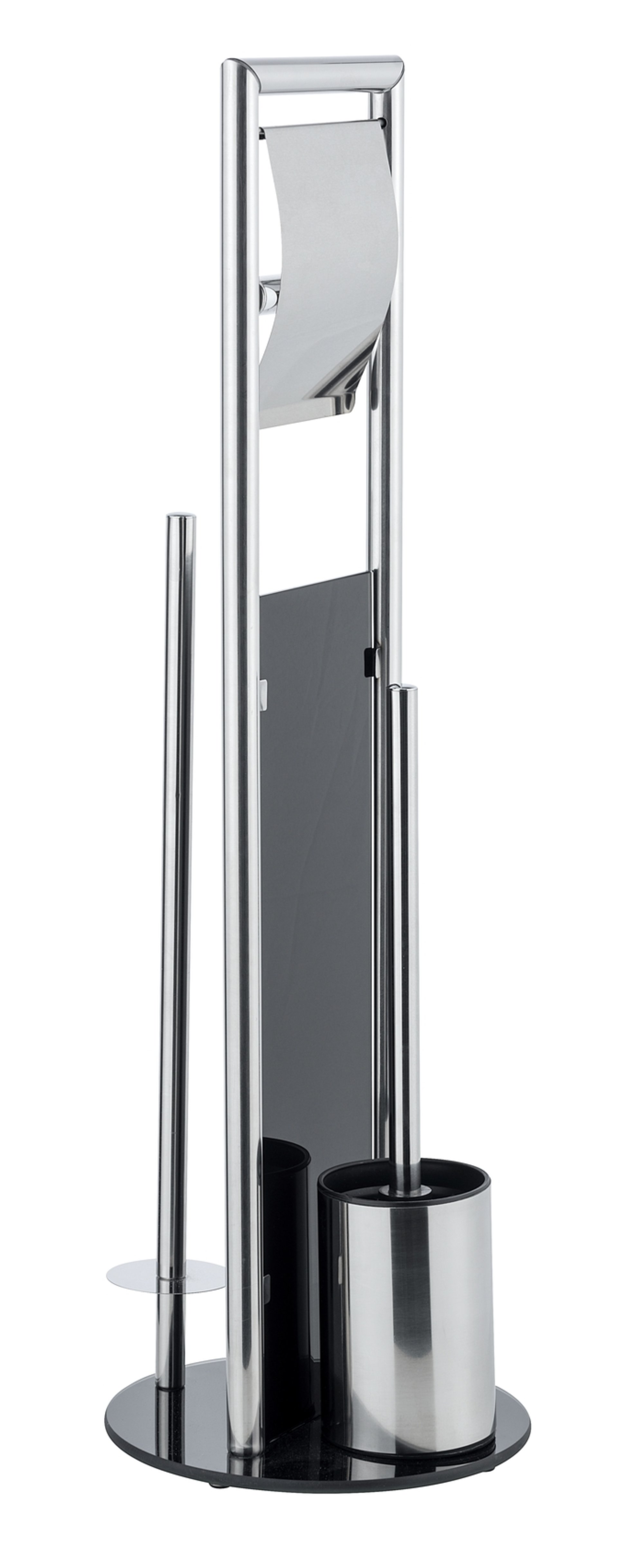 WENKO RAVINA WC-Garnitur, Schwarz/Silber, mit Toilettenpapierhalter und Bevorrater, inklusive Ersatzbürste, stehend