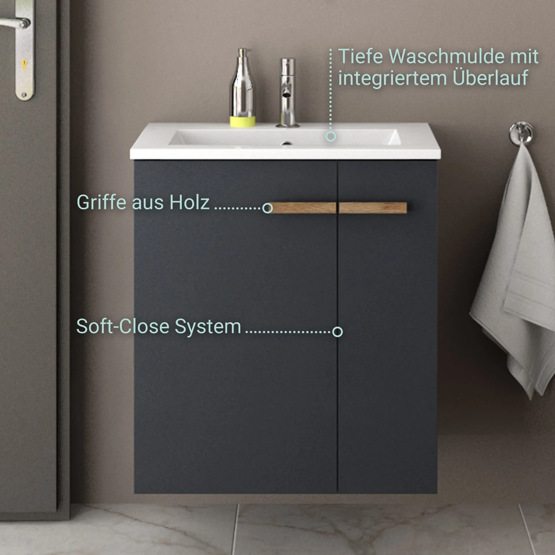 BADEDU HIERA Waschbecken mit Unterschrank 60 cm breit, Anthrazit, Waschbecken Keramik Weiß