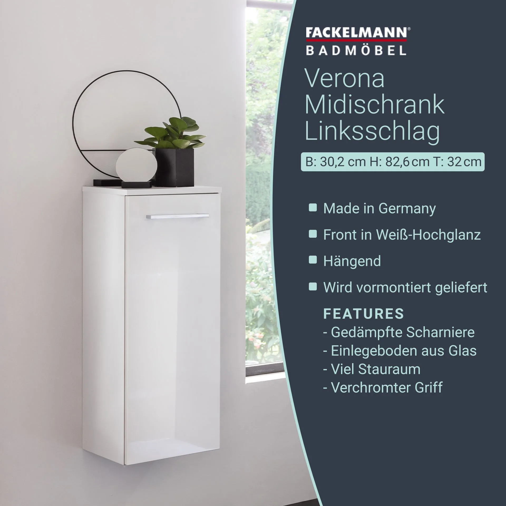 FACKELMANN VERONA Midischrank 30 cm breit, Weiß Hochglanz, Türanschlag links