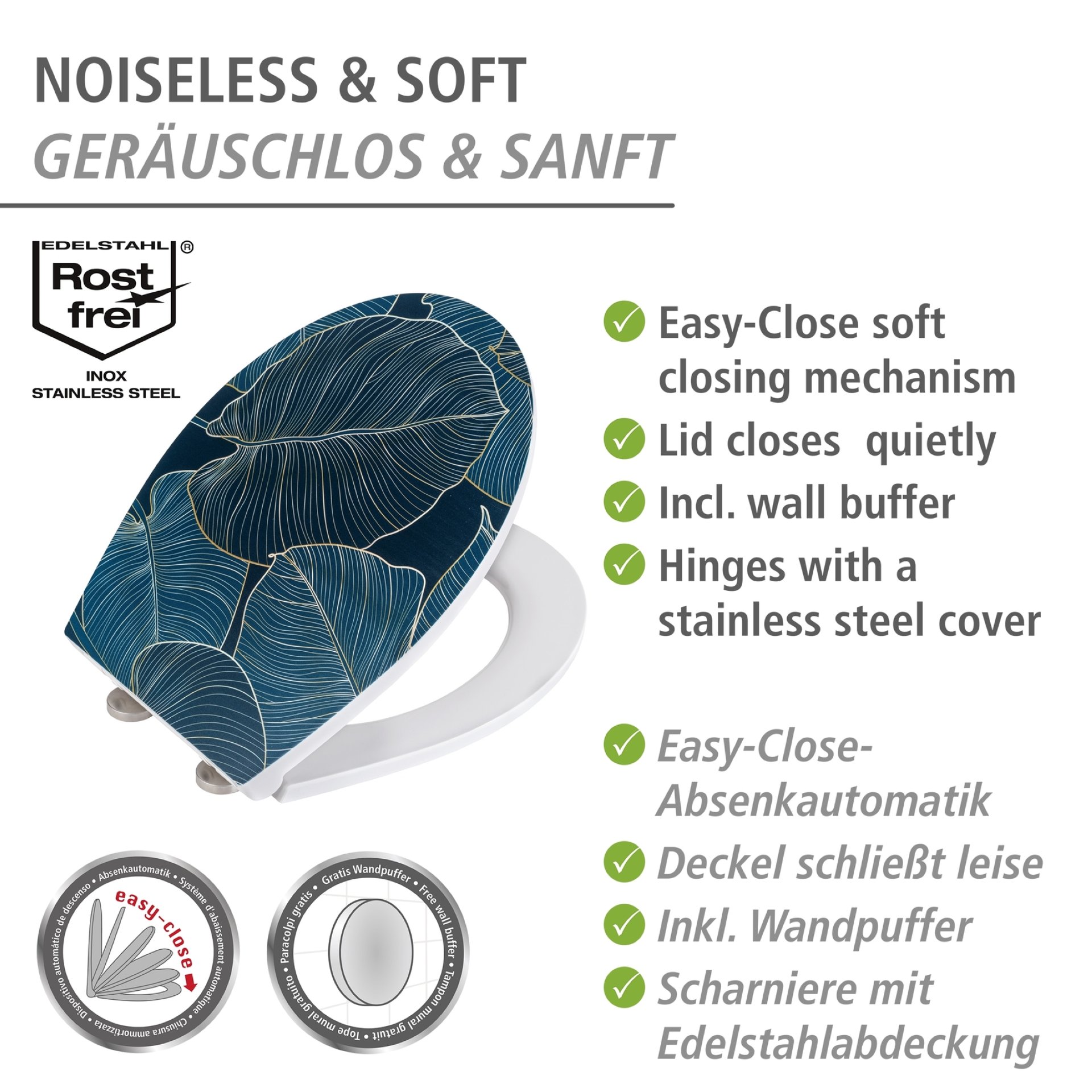 WENKO BIG LEAVES WC-Sitz, Blau, mit Absenkautomatik