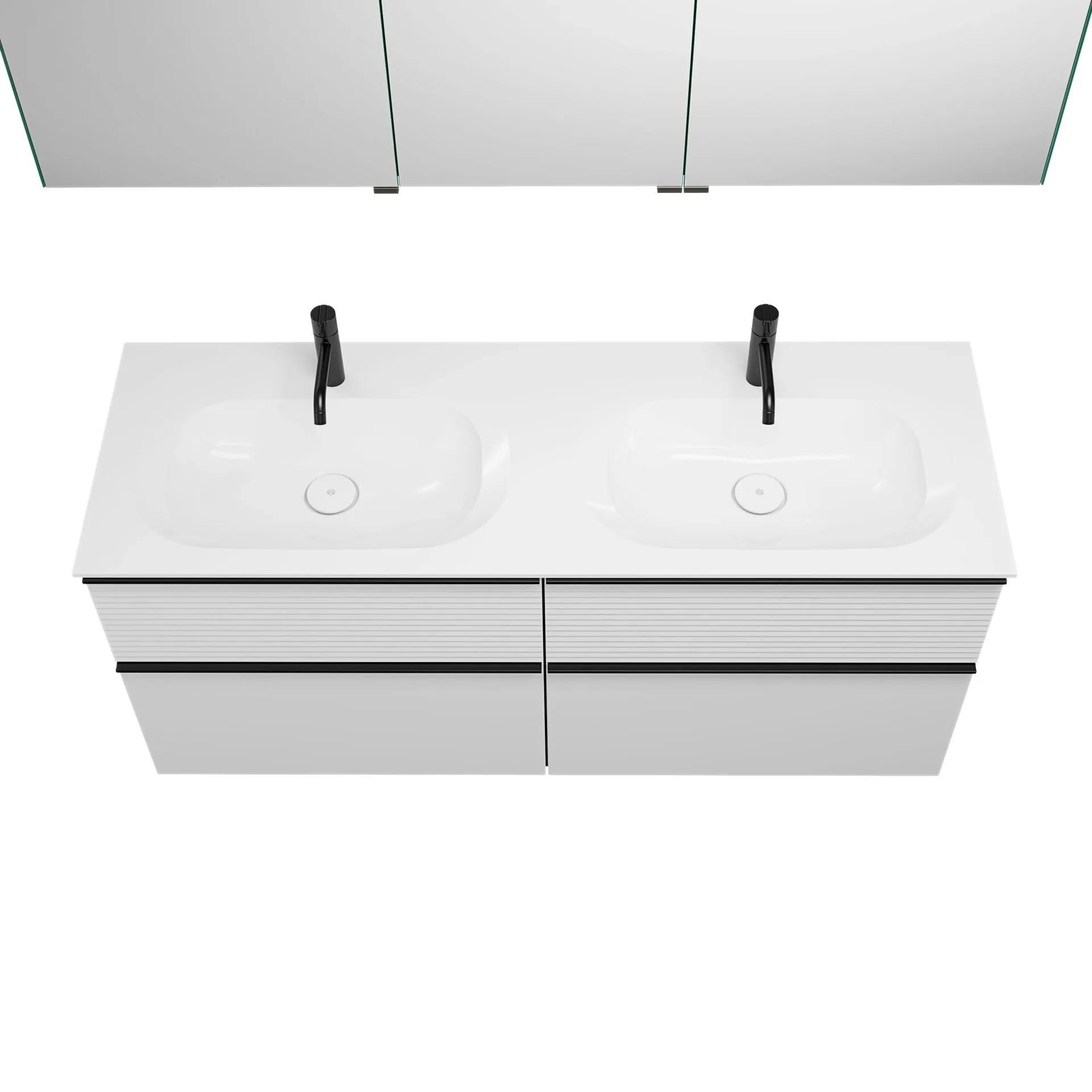Burgbad FIUMO Waschtisch Set mit Spiegelschrank 142 cm breit, Weiß, Doppelwaschbecken Gussmarmor Weiß , 4 Schubladen, Anschlag links