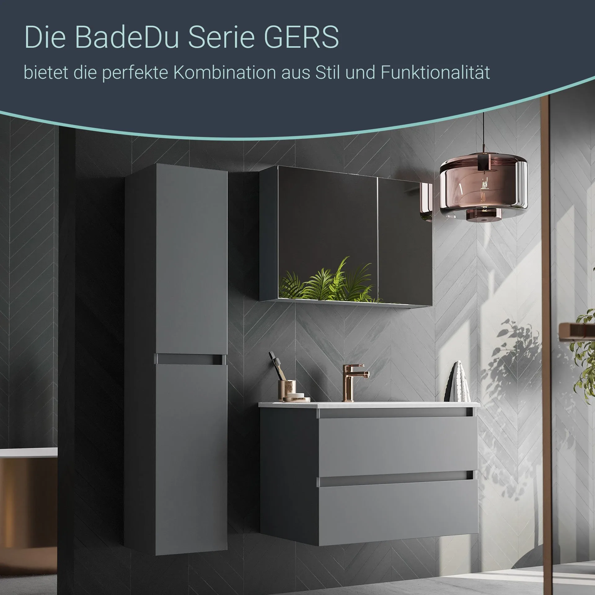 BADEDU GERS Waschbecken mit Unterschrank 80 cm breit, Grau, Waschbecken Keramik Weiß