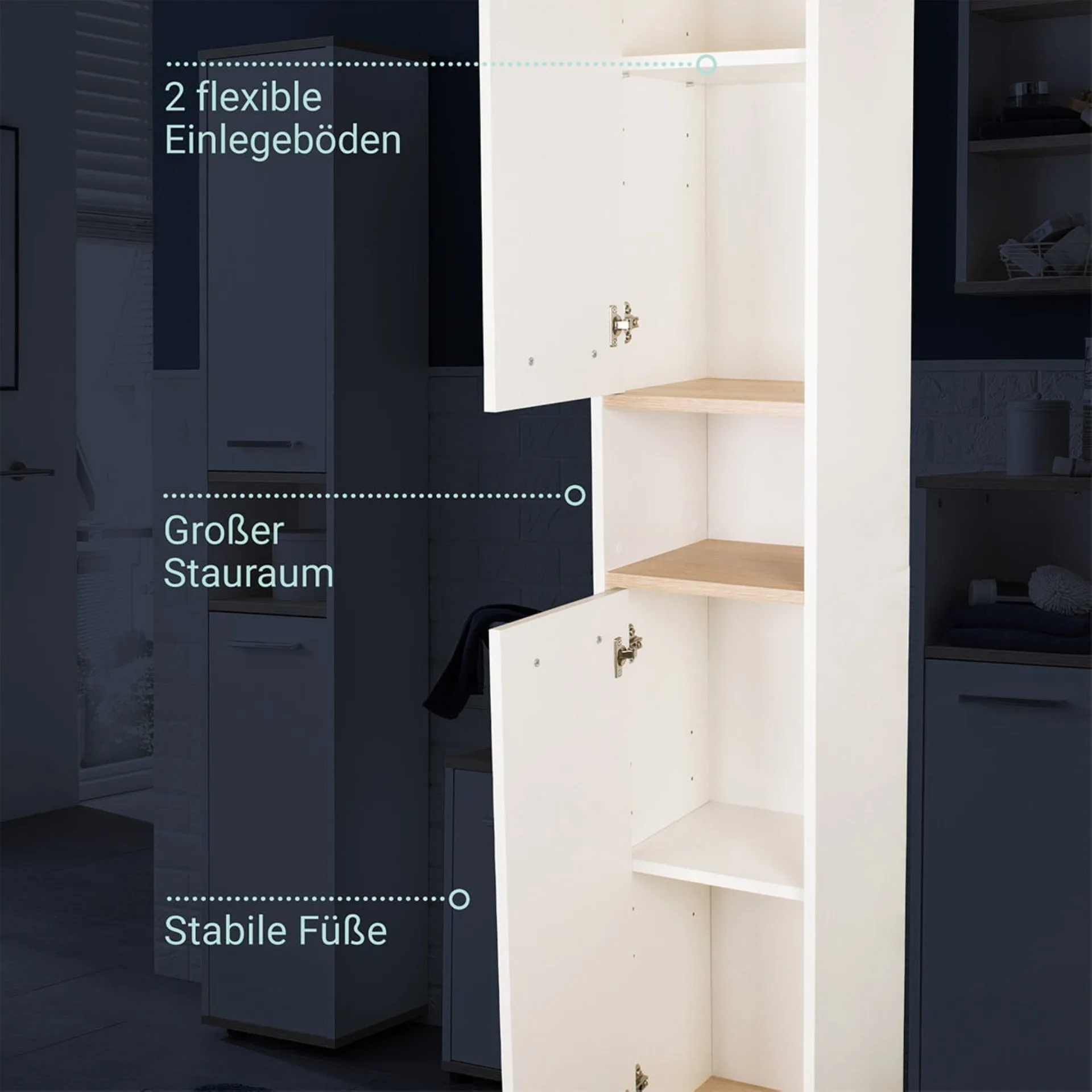 BADEDU ARC Hochschrank 30 cm breit, Weiß/Braun hell