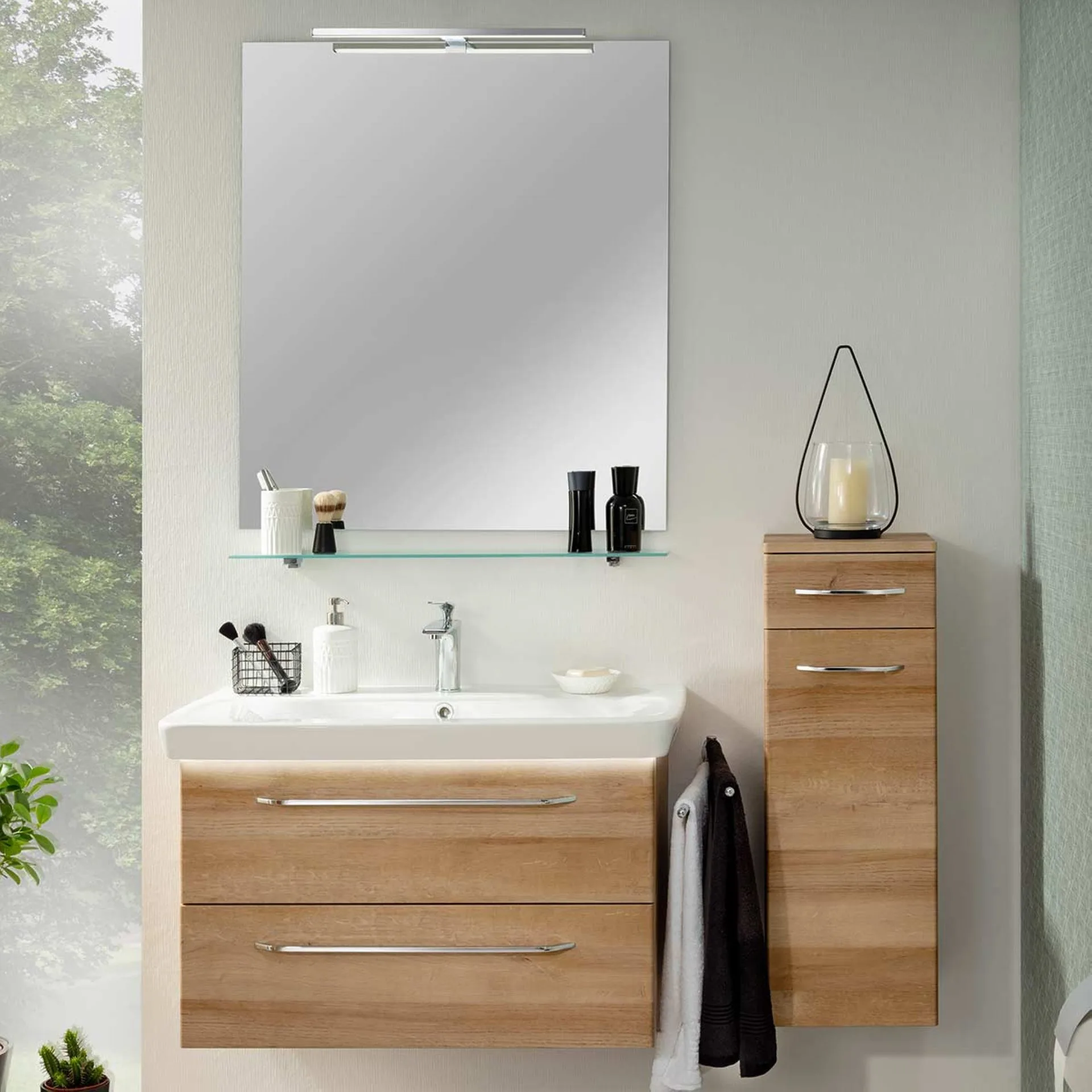 FACKELMANN MILANO Badmöbel Set 6-teilig 88 cm breit, Braun hell, Waschbecken Keramik Weiß + Midischrank + Glasablage + Spiegel + LED-Aufsatzleuchte