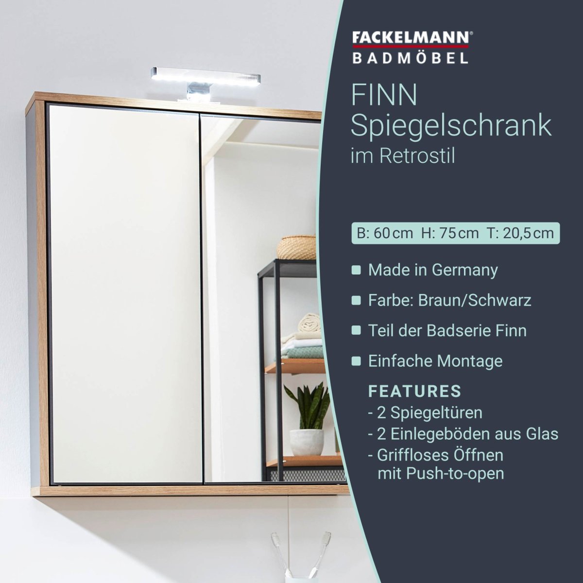 Fackelmann FINN Spiegelschrank 60 cm, Braun hell/Anthrazit