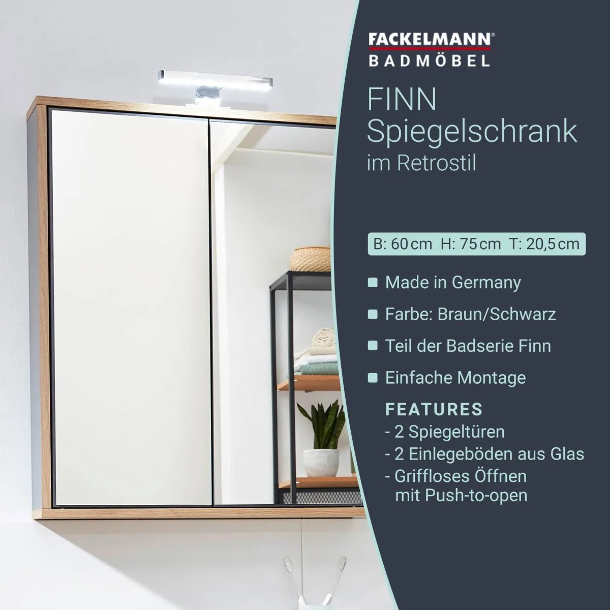 FACKELMANN FINN Spiegelschrank 60 cm breit, Anthrazit/Braun hell