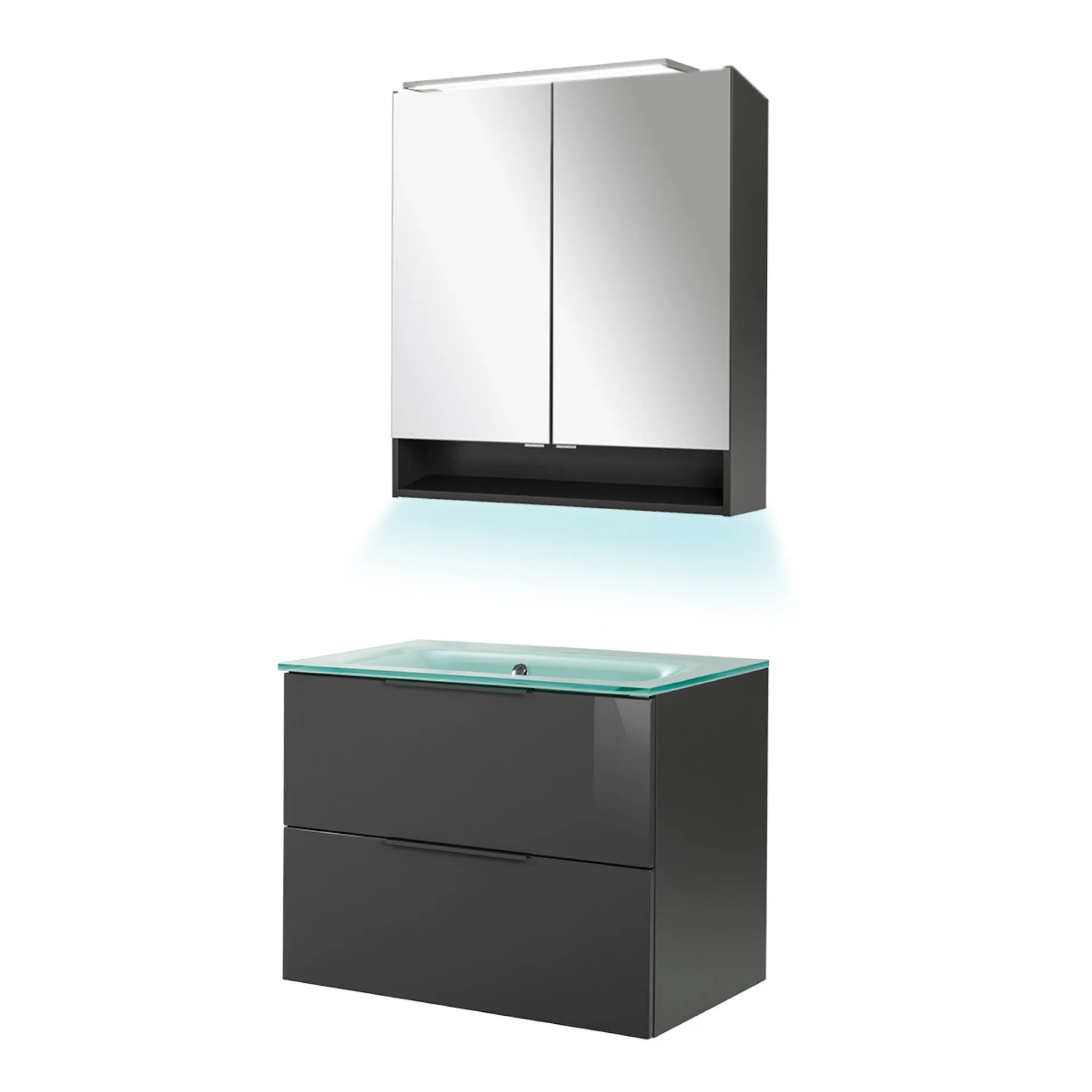 FACKELMANN LUNA Waschtisch Set mit Spiegelschrank 80 cm breit, Anthrazit, Waschbecken Glas Mint + Ambientebeleuchtung