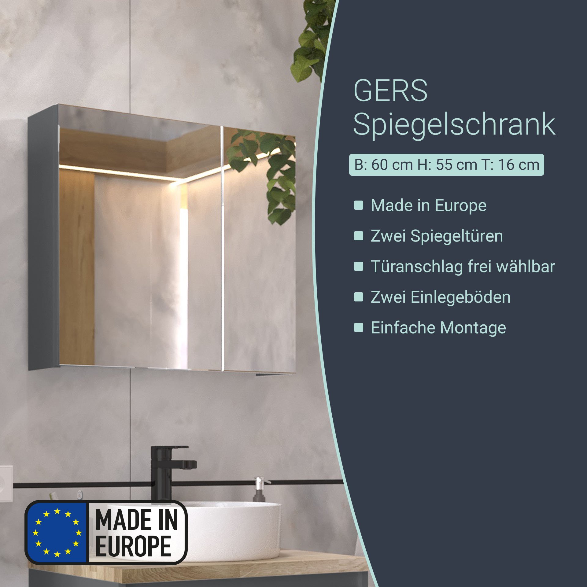 BADEDU GERS Spiegelschrank 60 cm breit, Grau