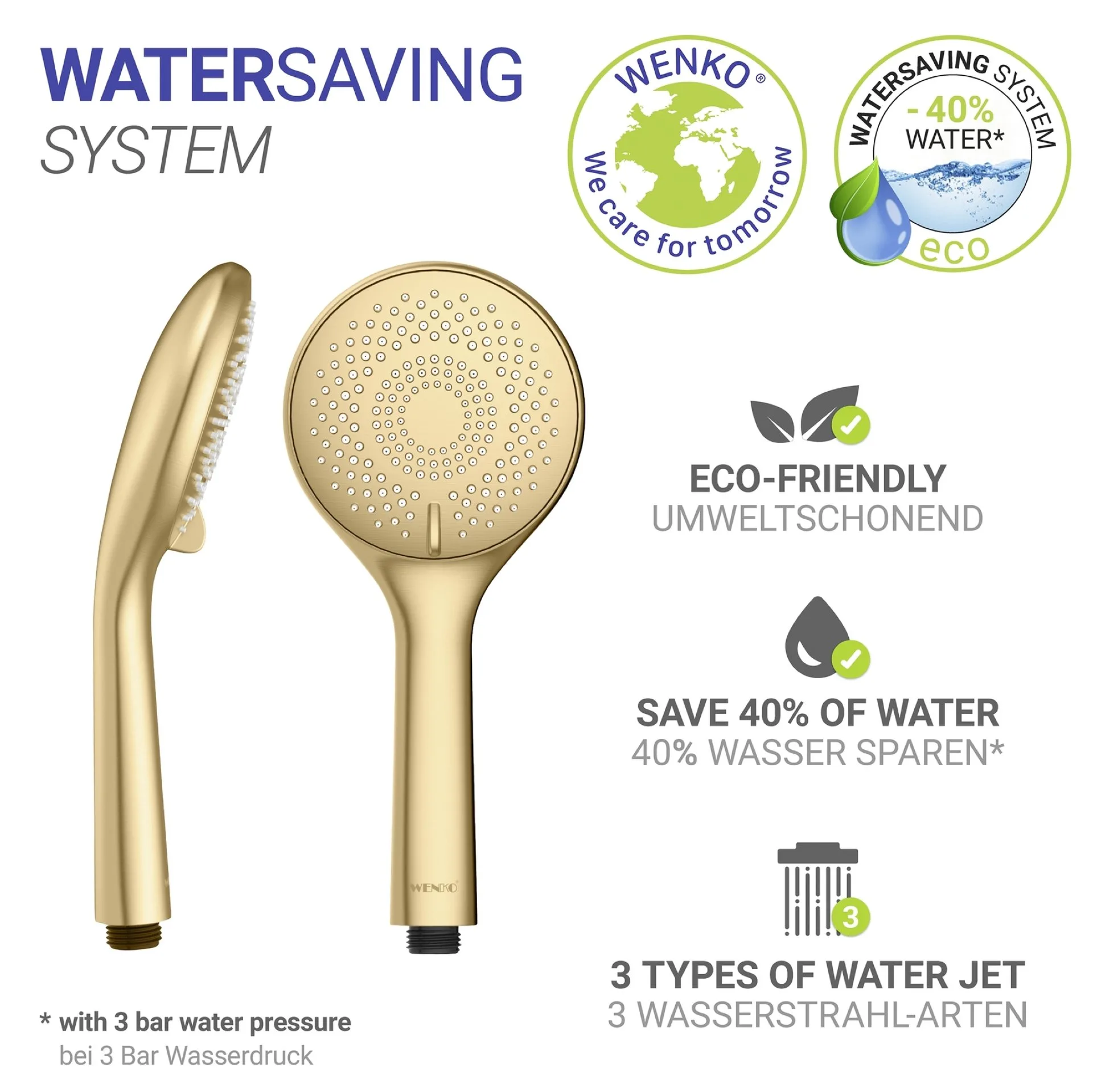 WENKO Duschkopf Ø 11 cm, Gold, mit Wassersparsystem, 3 verschiedene Wasserstrahlarten