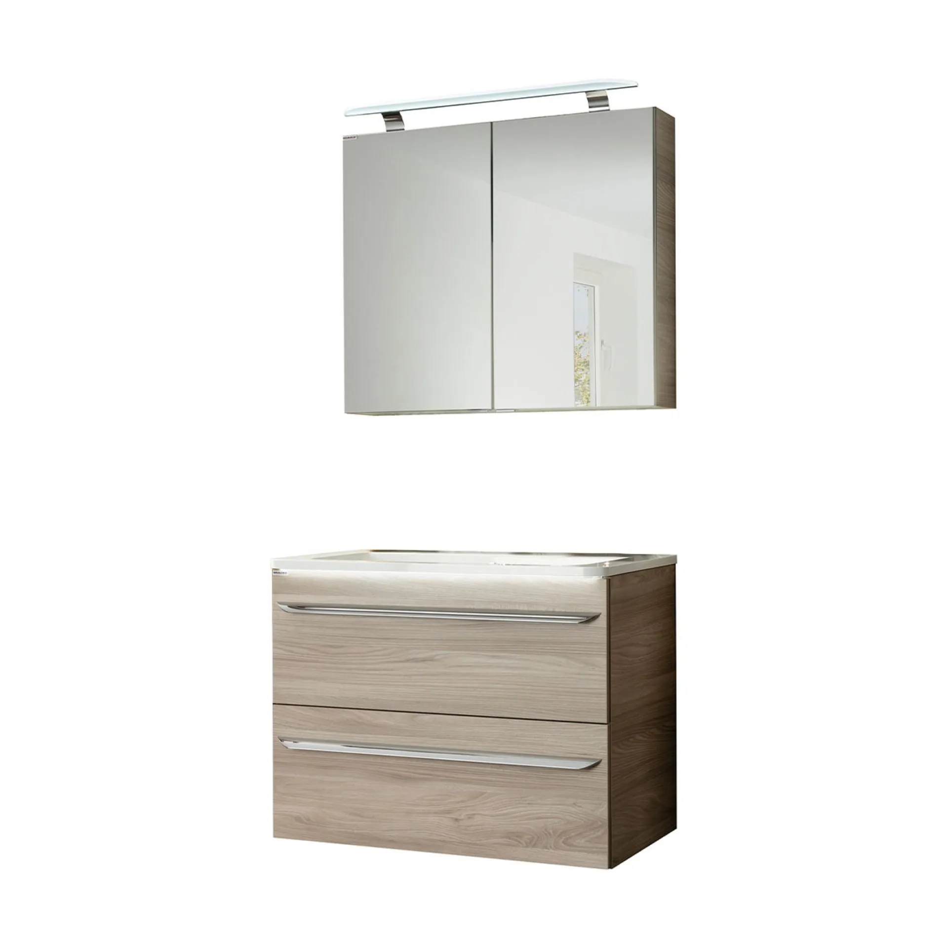 FACKELMANN LUXOR Waschtisch Set mit Spiegelschrank 80 cm breit, Braun hell, Waschbecken Gussmarmor Weiß