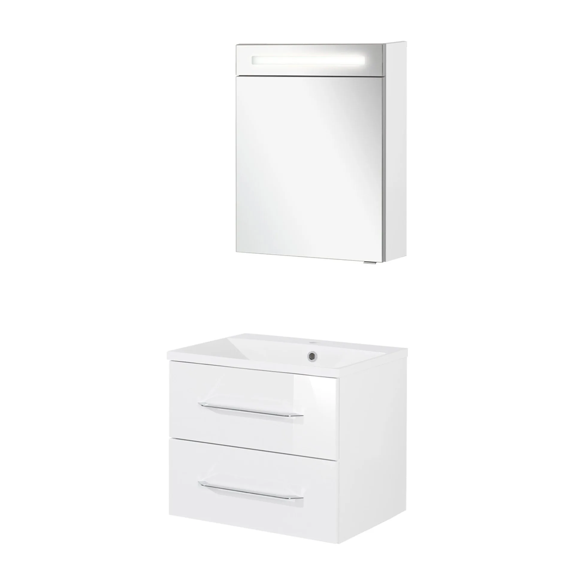 FACKELMANN B.CLEVER Waschtisch Set mit Spiegelschrank 60 cm breit, Weiß, Waschbecken Gussmarmor Weiß
