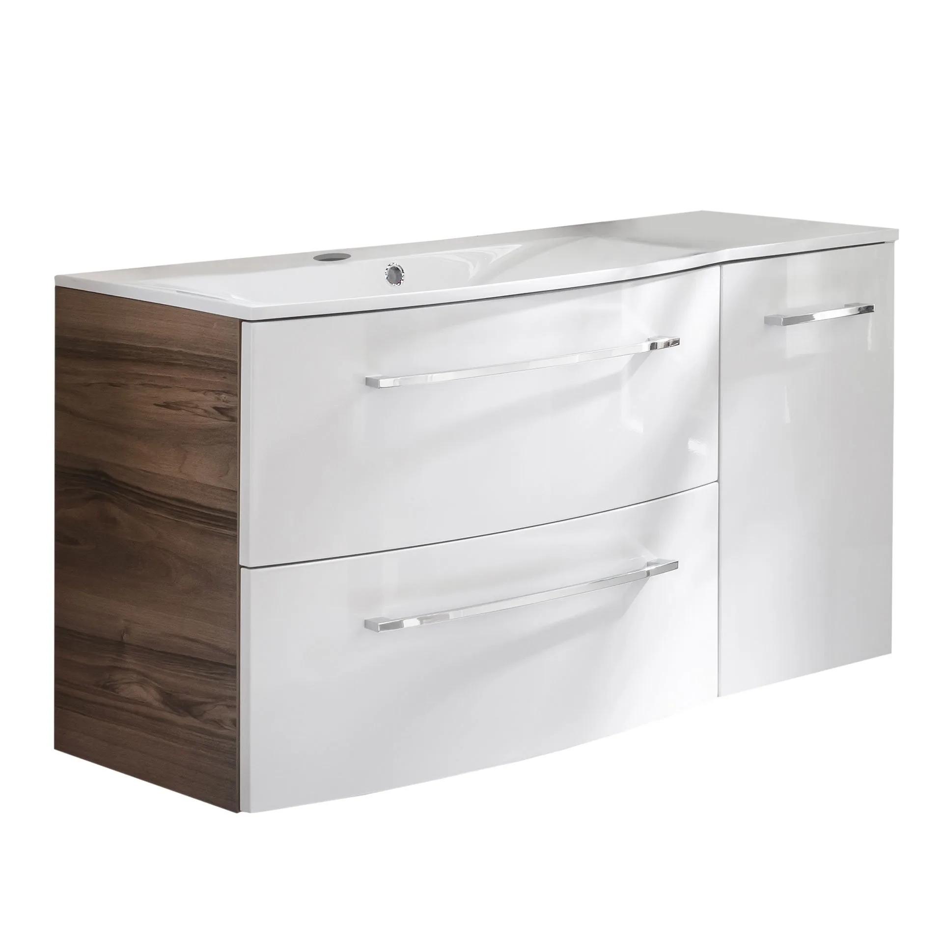 FACKELMANN VERONA Waschbecken mit Unterschrank 115 cm breit, Weiß/Braun Dunkel, Waschbecken Gussmarmor Weiß + Unterschrank Türanschlag links
