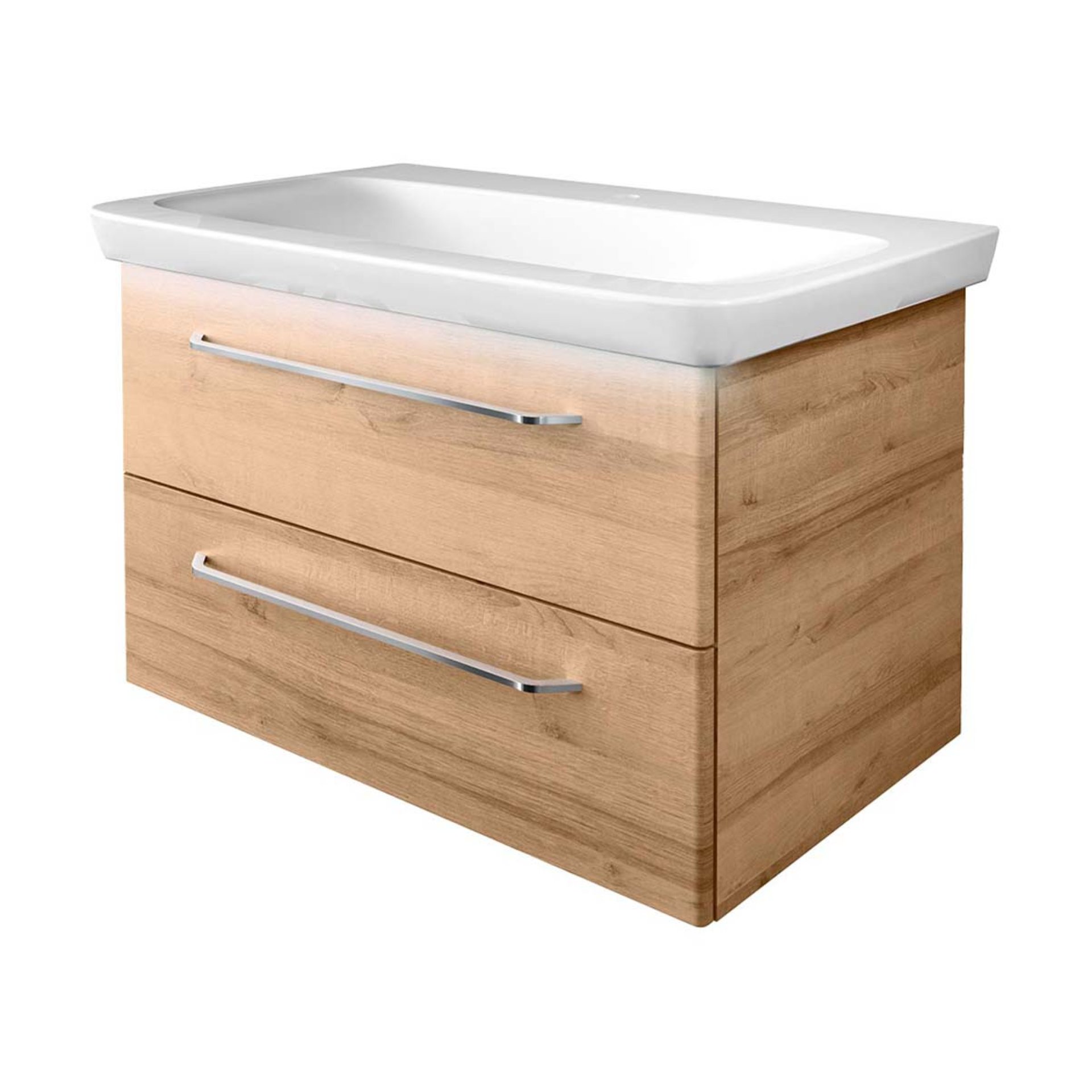 FACKELMANN MILANO Waschbecken mit Unterschrank 88 cm breit, Braun hell, Waschbecken Keramik Weiß + Waschbeckenbeleuchtung