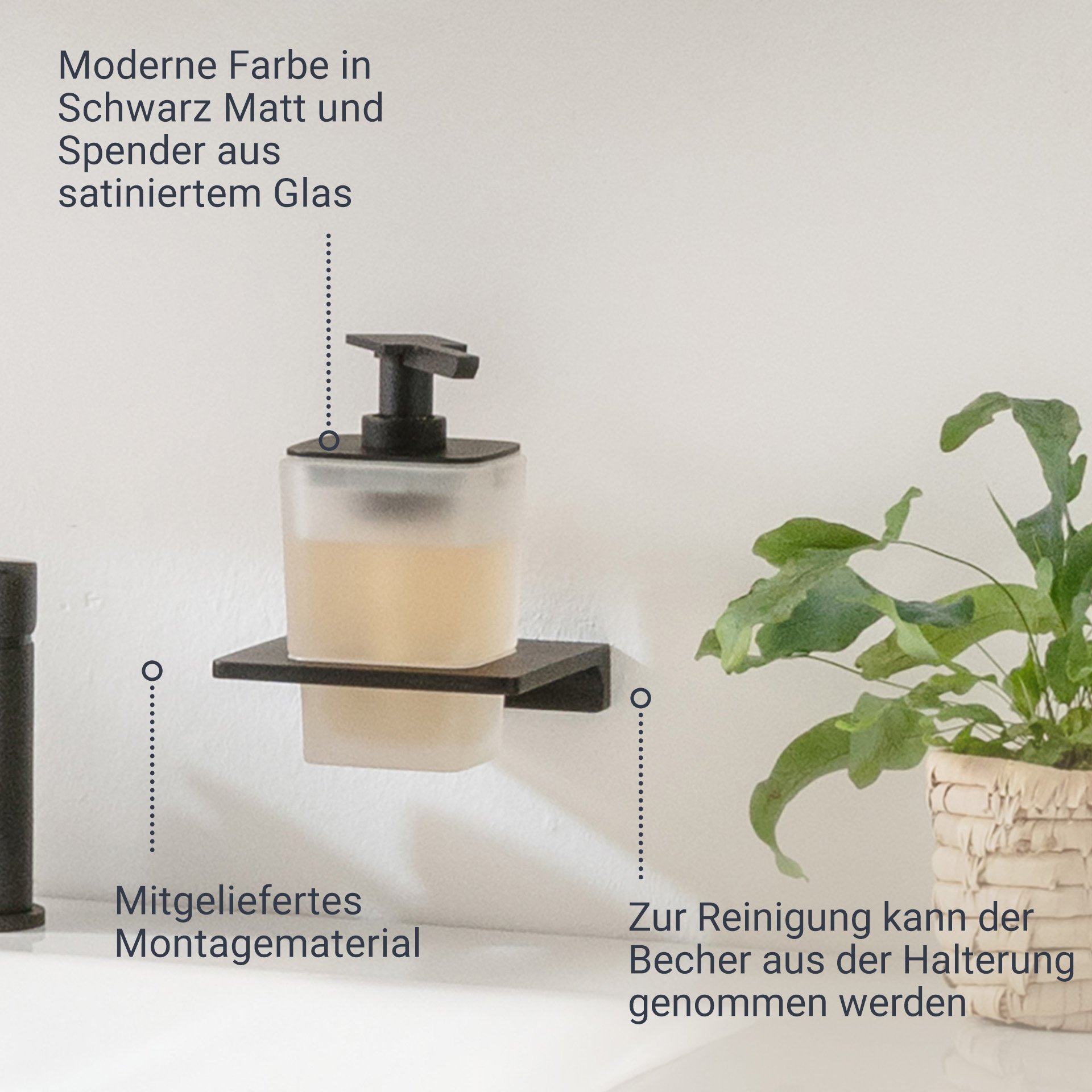 BADEDU SIRIUS Accessoire Set 3-teilig, Schwarz matt, Handtuchhaken, Toilettenpapierhalter, Seifenspender mit Halter