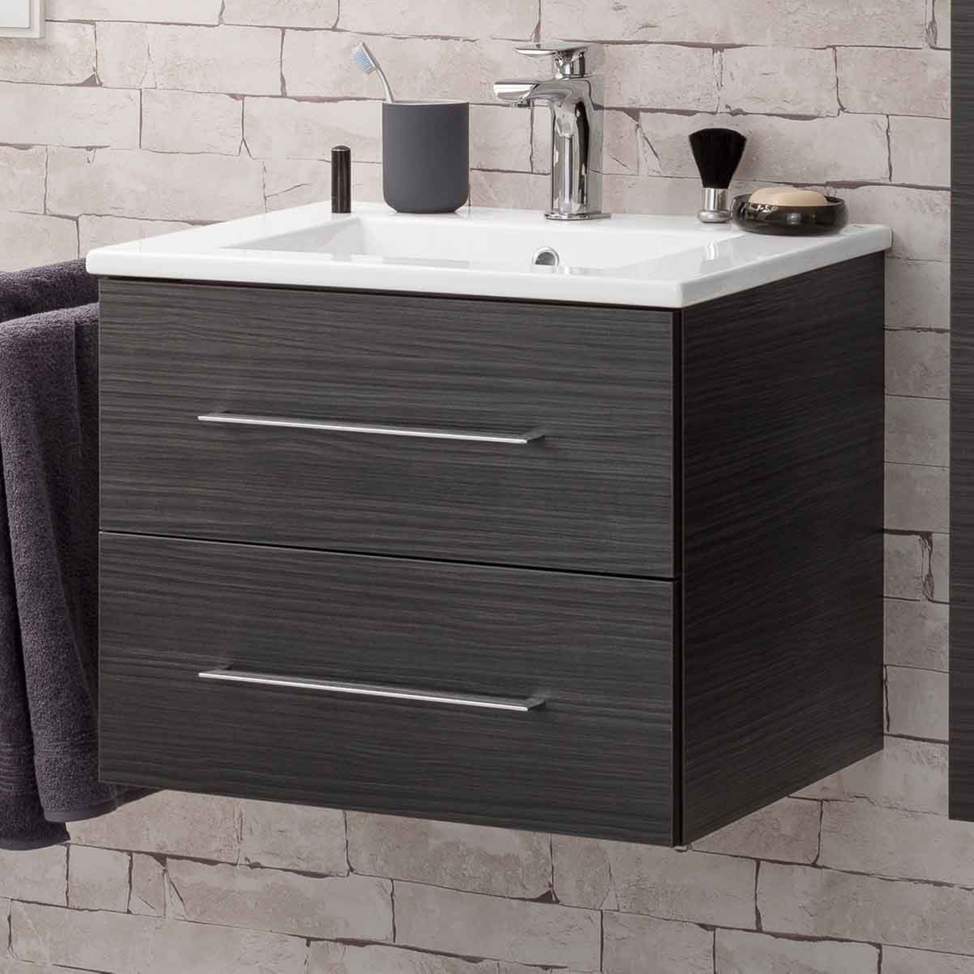 FACKELMANN B.PERFEKT Waschbecken mit Unterschrank 62 cm breit, Anthrazit, Waschbecken Keramik Weiß