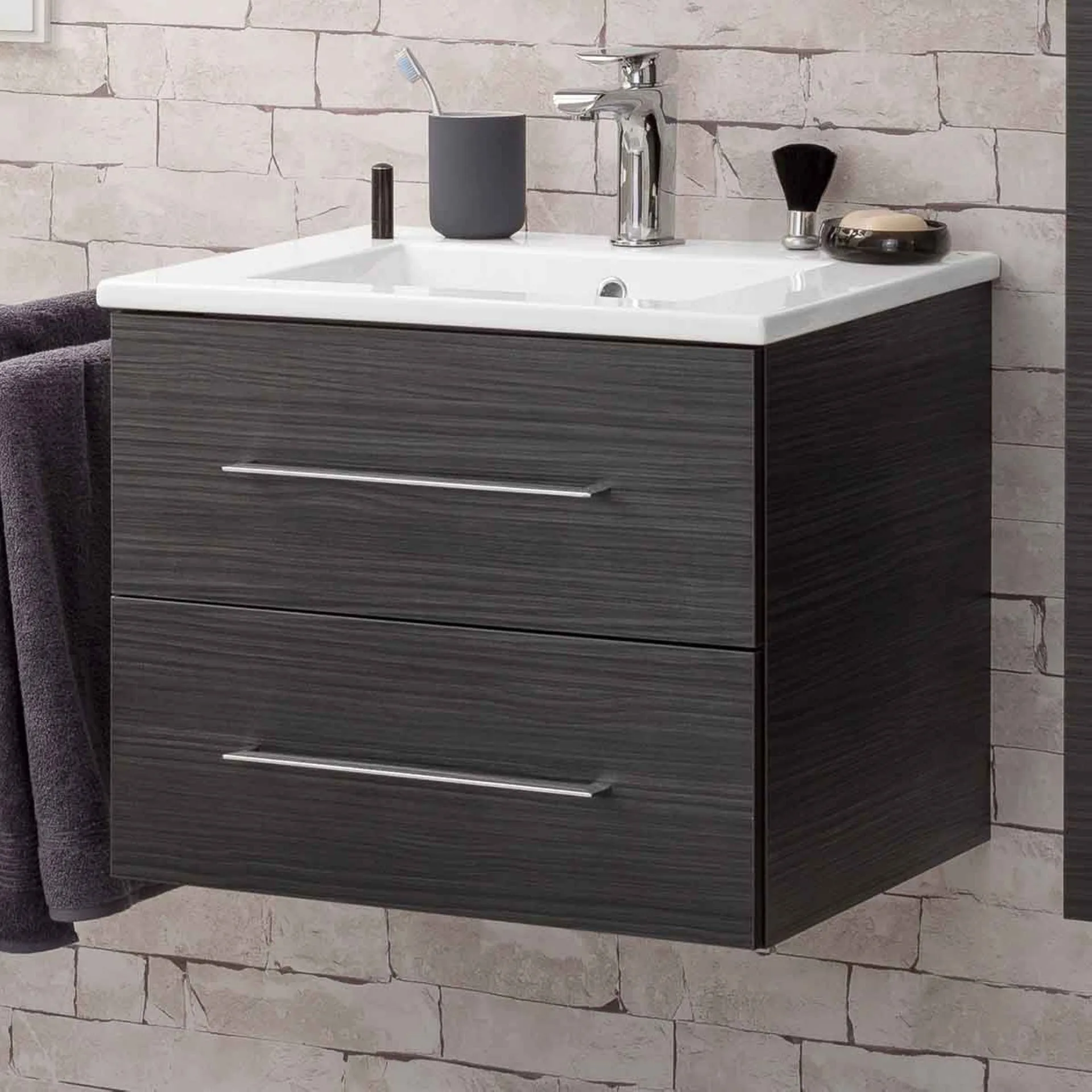 FACKELMANN B.PERFEKT Waschbecken mit Unterschrank 62 cm breit, Anthrazit, Waschbecken Keramik Weiß