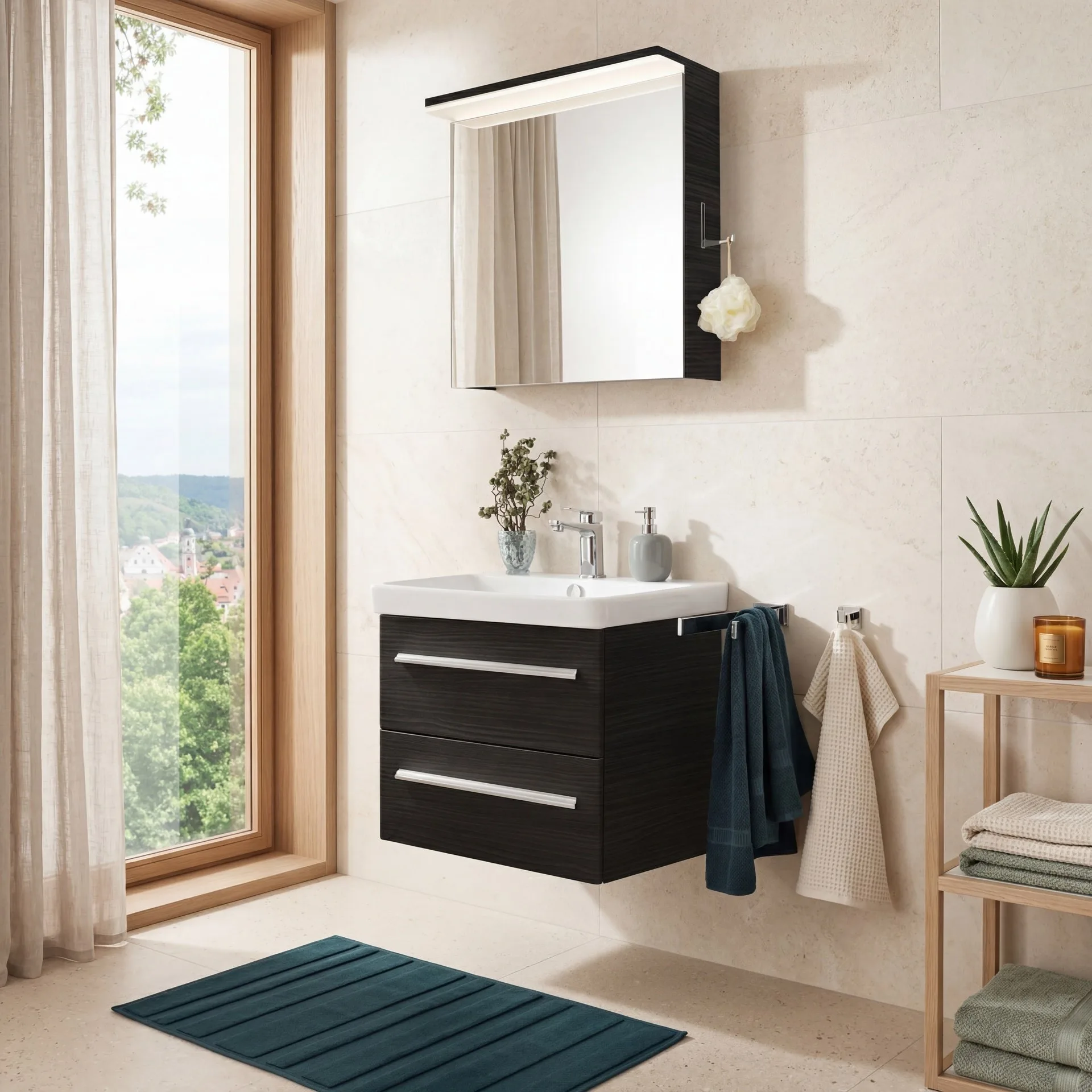 LANZET K8 Waschbecken mit Unterschrank, 60 cm breit, Anthrazit, Waschbecken Keramik Weiß