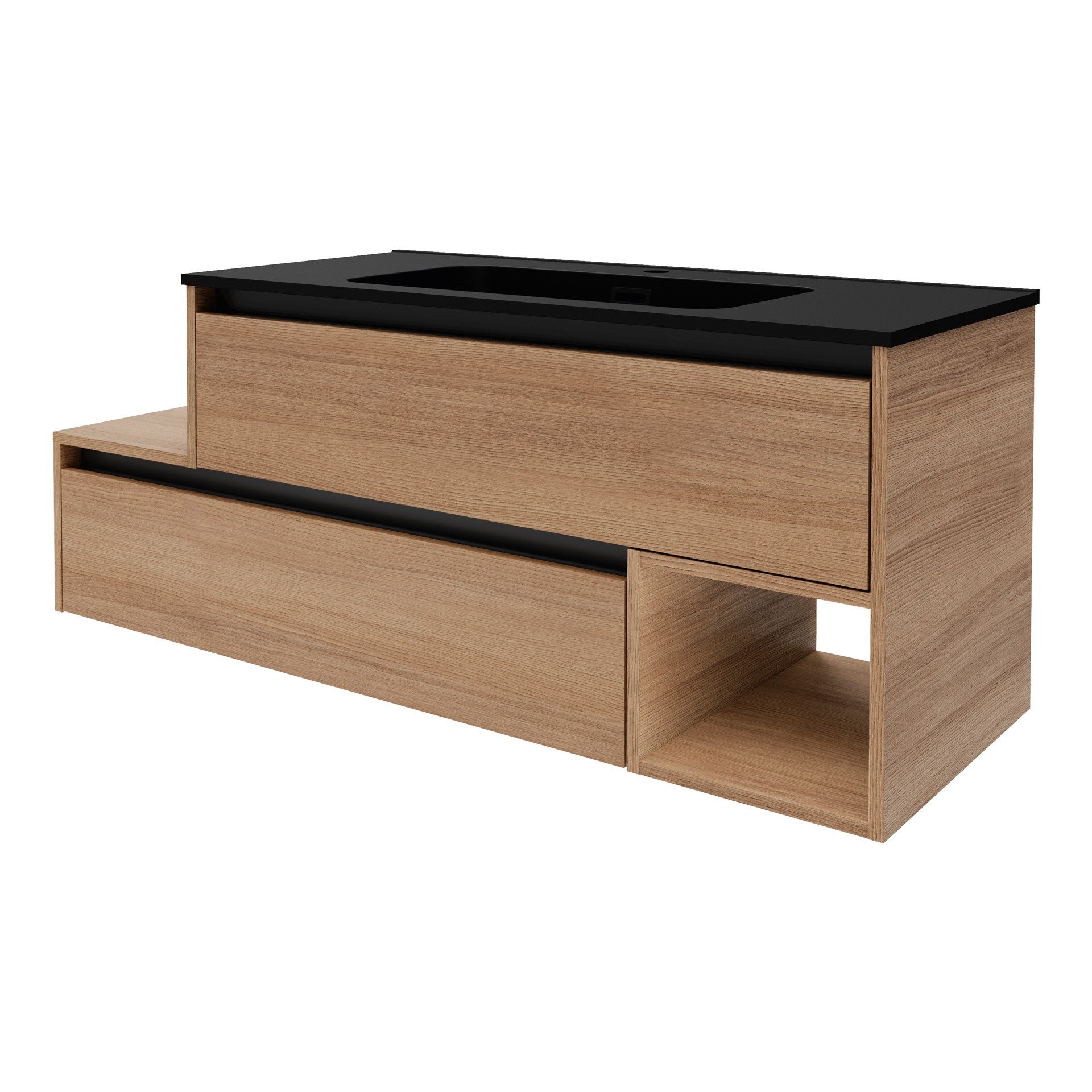 FACKELMANN VITA Waschbecken mit Unterschrank 129 cm breit, Braun hell, Waschbecken Gussmarmor Schwarz matt, Ablage links, asymmetrisch