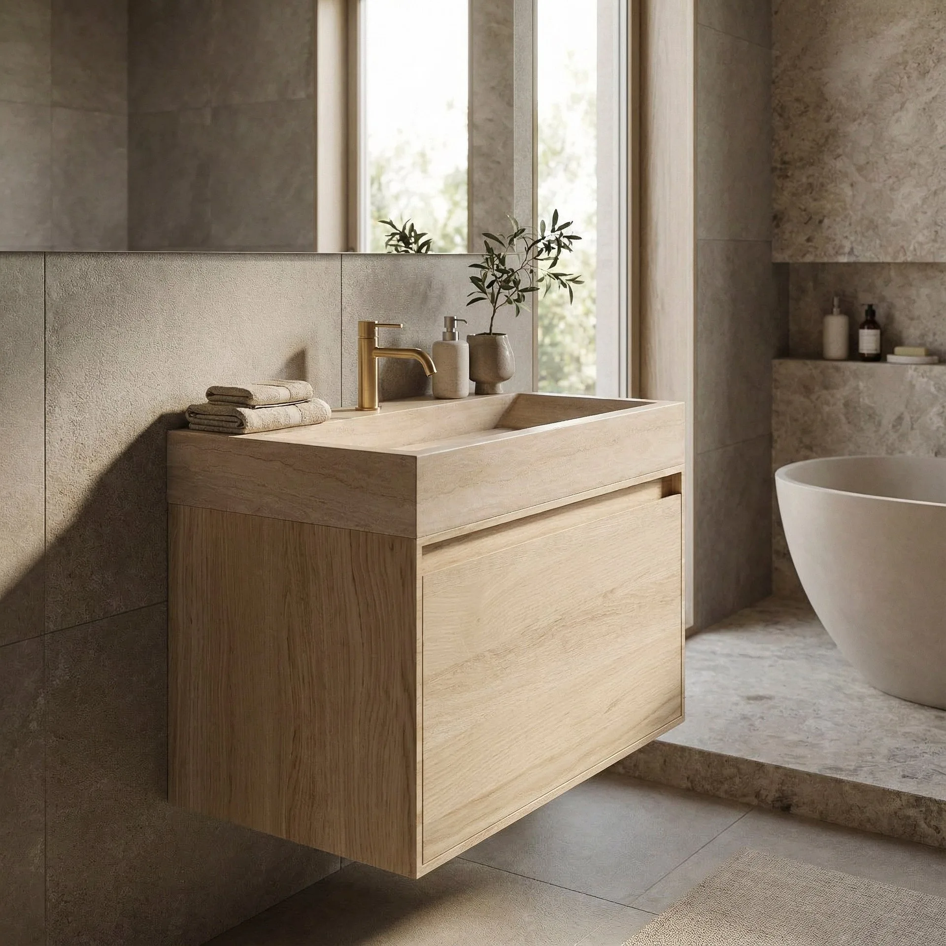 FORZALAQUA IBIZA BELLEZZA Waschbecken mit Unterschrank 80 cm breit, Braun hell, Natursteinwaschbecken Travertin matt mit Hahnloch, 1 Schublade