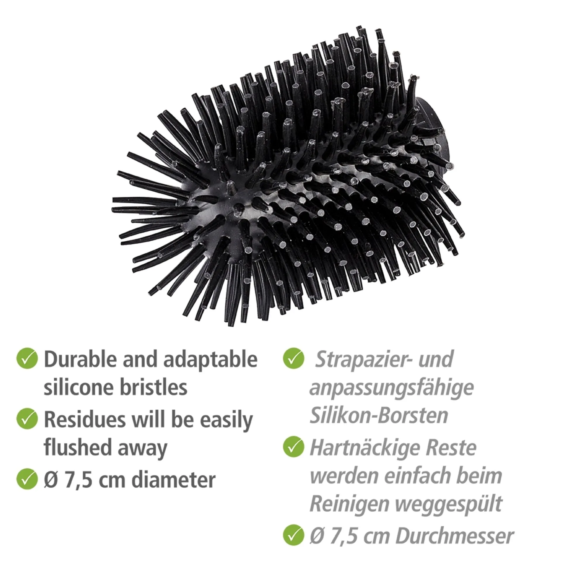 WENKO Ersatzbürstenkopf Ø 7,5 cm, 4er Set, Schwarz, Silikon