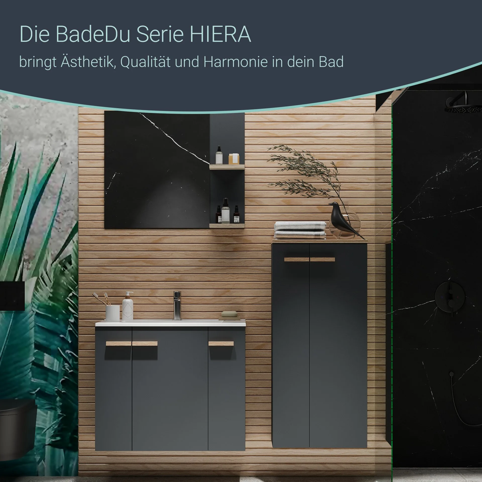 BADEDU HIERA Spiegel 79 cm breit, Anthrazit, zwei Ablagen