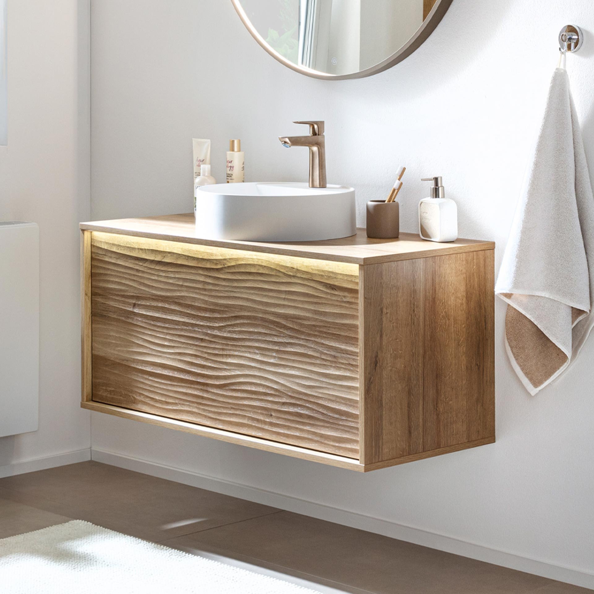 LANZET DUNE Waschbeckenunterschrank 100,3 cm breit, Braun hell, inkl. LED Beleuchtung