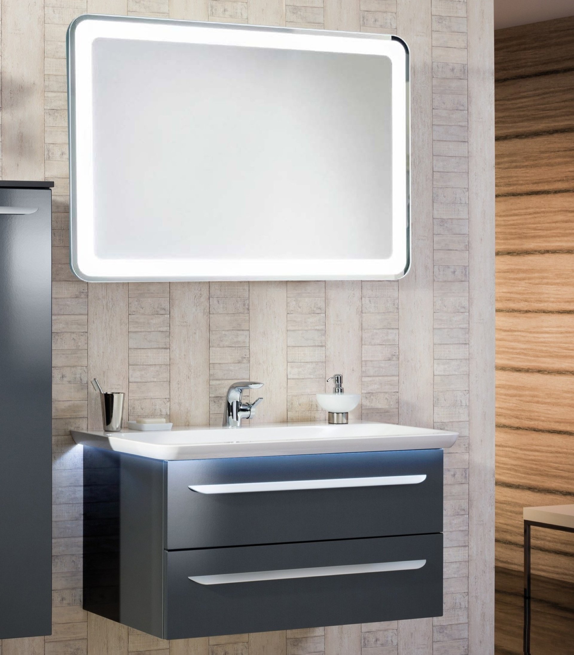 Lanzet M9 Waschtisch Set mit Spiegel 100 cm breit, Anthrazit, mit Waschbeckenbeleuchtung
