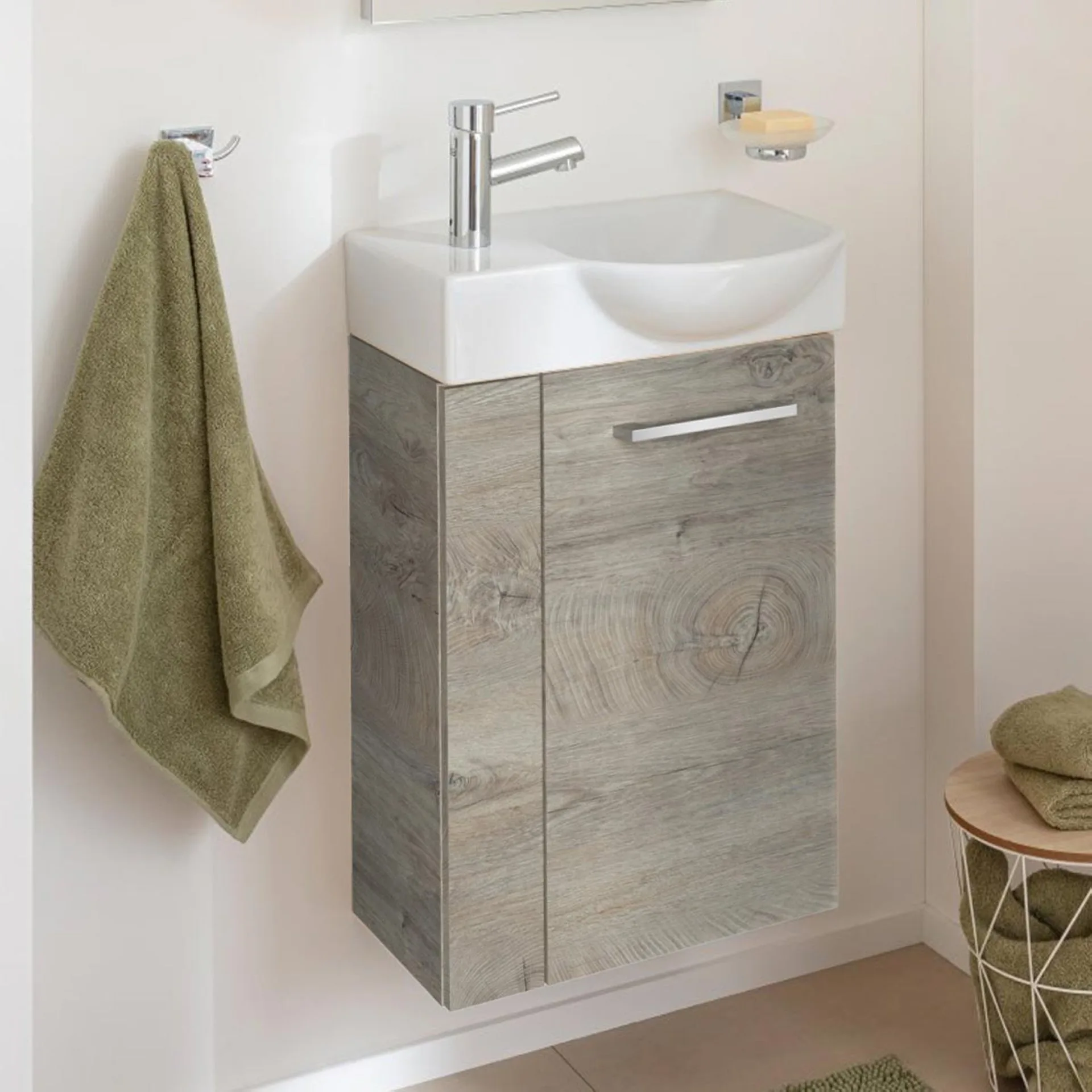 FACKELMANN SBC STANFORD Waschbeckenunterschrank Gäste WC 45 cm breit, Braun hell, Türanschlag rechts