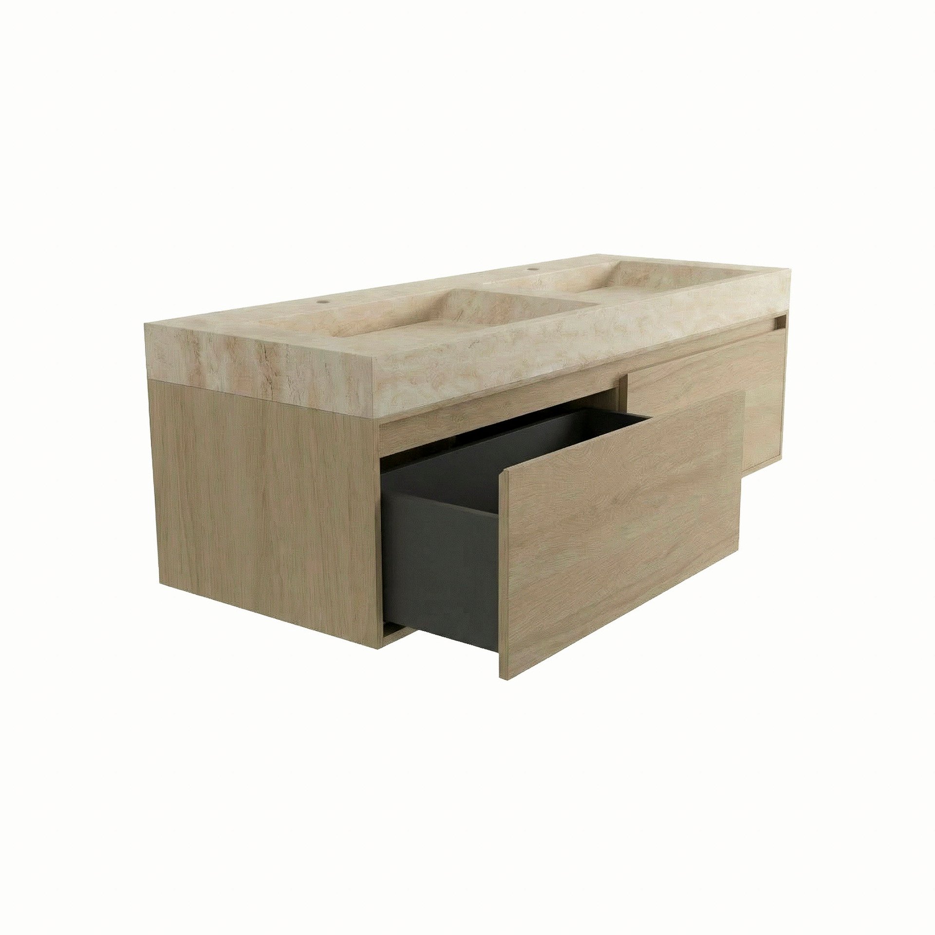 FORZALAQUA IBIZA BELLEZZA Waschbecken mit Unterschrank 160 cm breit, Braun hell, Doppelwaschbecken Naturstein Travertin matt mit zwei Hahnlöchern, 2 Schubladen