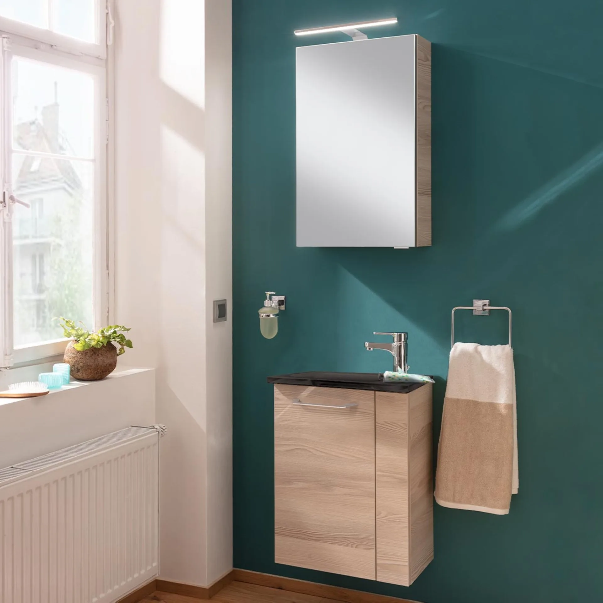 FACKELMANN SBC B.CLEVER Gäste WC Waschtisch Set 45 cm breit, Braun hell, Waschbecken Glas Anthrazit, Türanschlag links