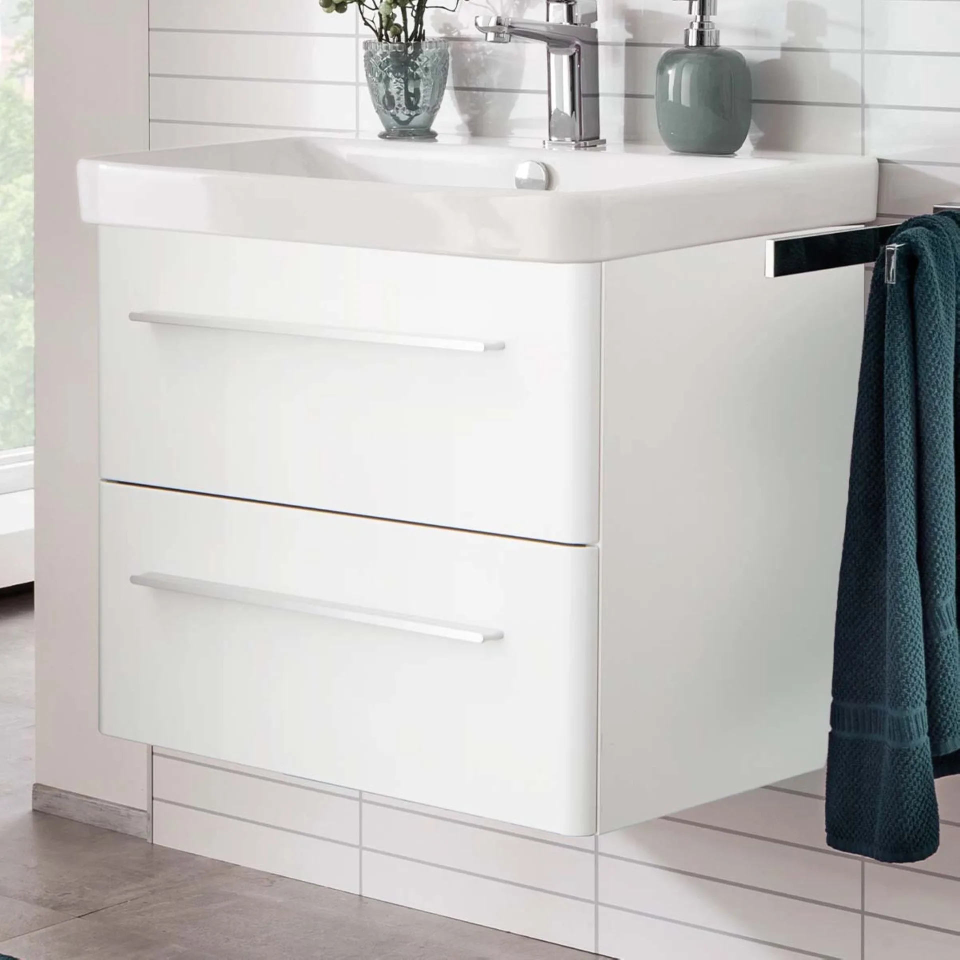 LANZET K8 Waschbecken mit Unterschrank 60 cm breit, Weiß, Waschbecken Keramik Weiß