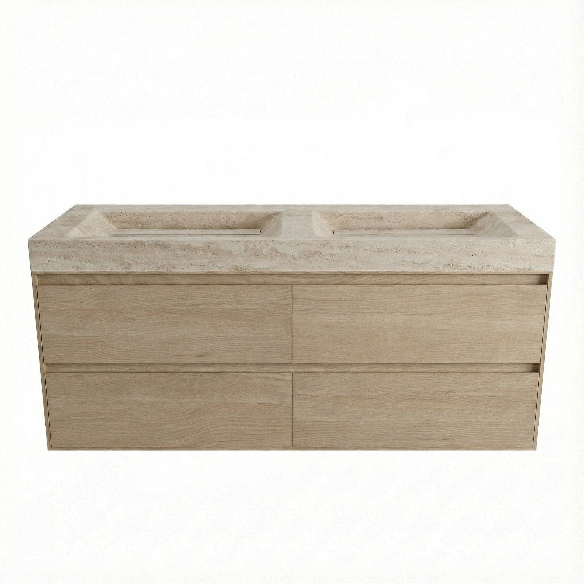 FORZALAQUA IBIZA BELLEZZA Waschbecken mit Unterschrank 160 cm breit, Braun hell, Doppelwaschbecken Naturstein Travertin matt ohne Hahnloch, 4 Schubladen