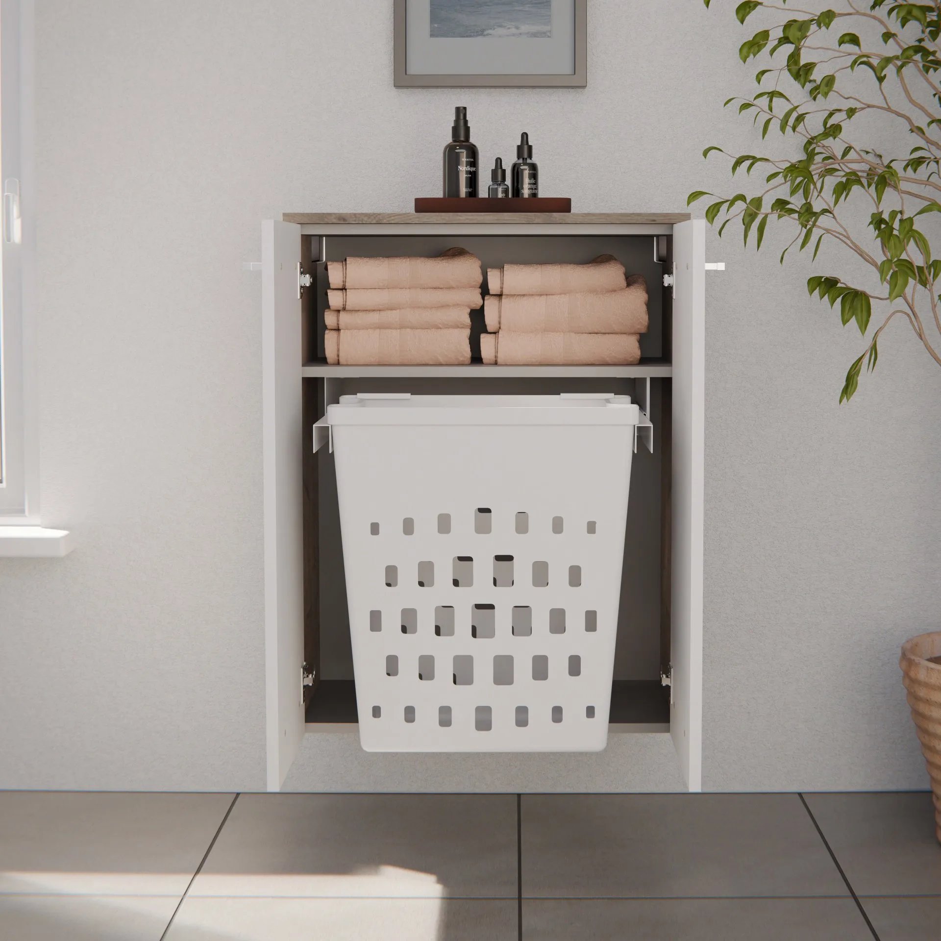 FACKELMANN B.STYLE Doppel Midischrank 60 cm, Weiß/Braun hell, mit Wäschekorb