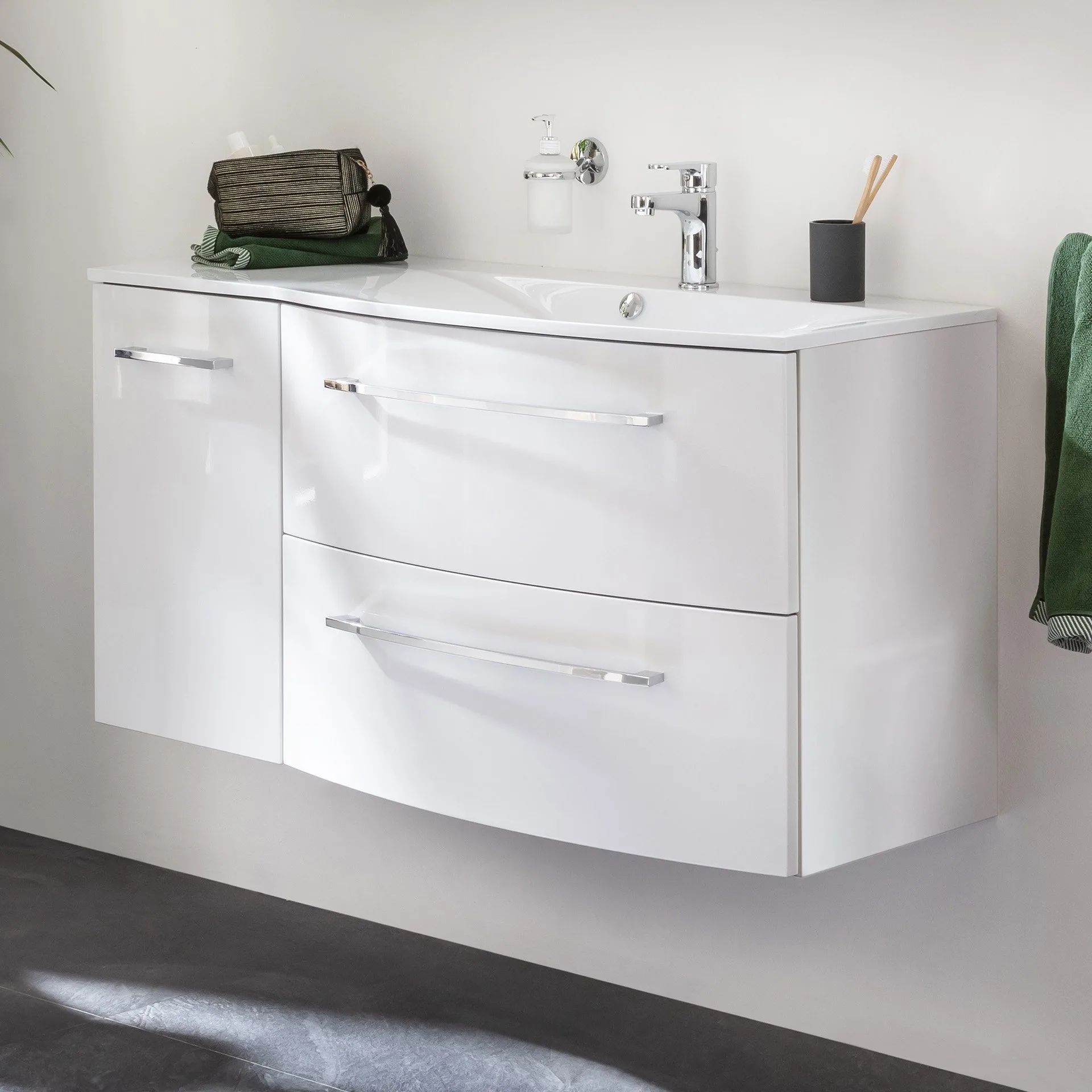 FACKELMANN VERONA Waschbecken mit Unterschrank 115 cm breit, Weiß, Waschbecken Gussmarmor Weiß + Unterschrank Türanschlag links