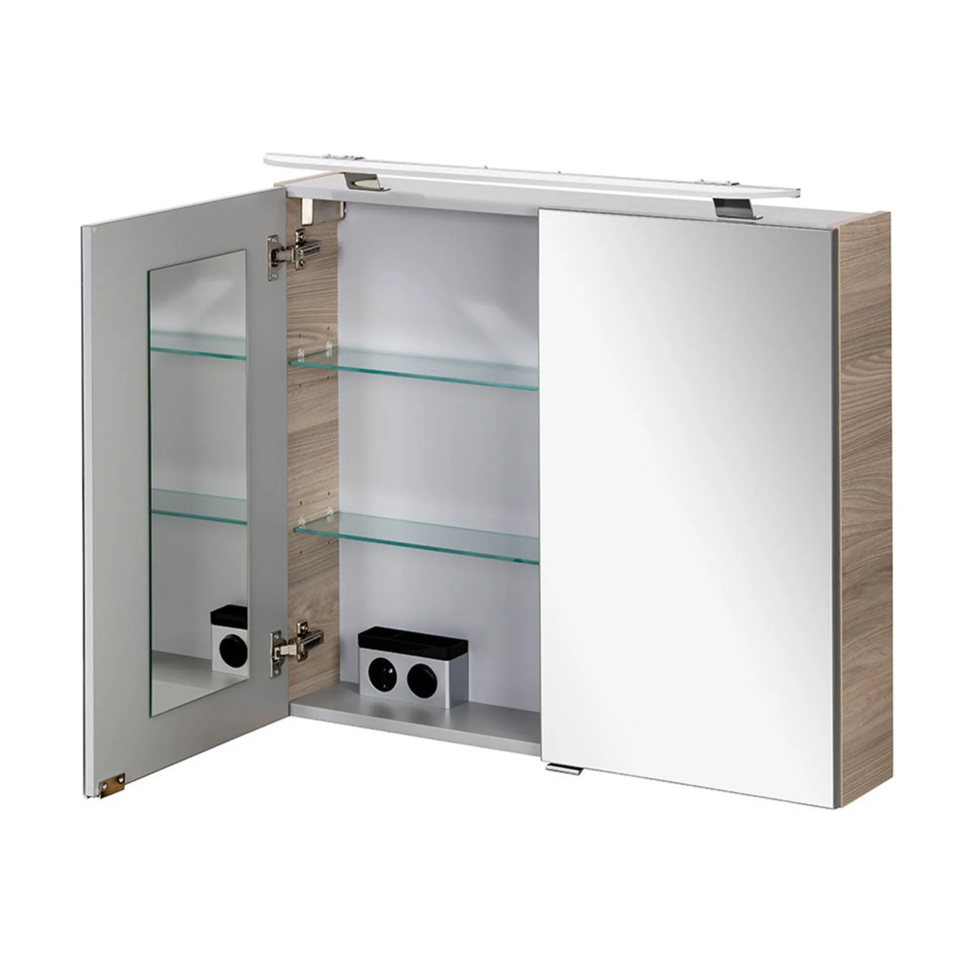 FACKELMANN LUXOR Waschtisch Set mit Spiegelschrank 80 cm breit, Weiß/Braun hell, Waschbecken Gussmarmor Weiß