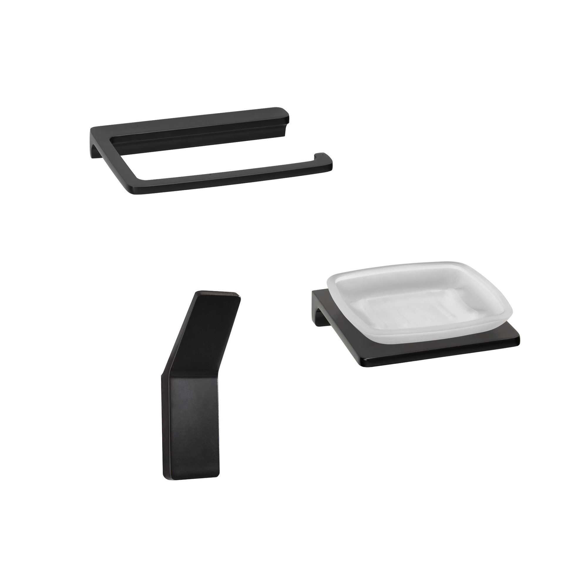 BADEDU SIRIUS Accessoire Set 3-teilig, Schwarz matt, Handtuchhaken, Toilettenpapierhalter, Ablageschale