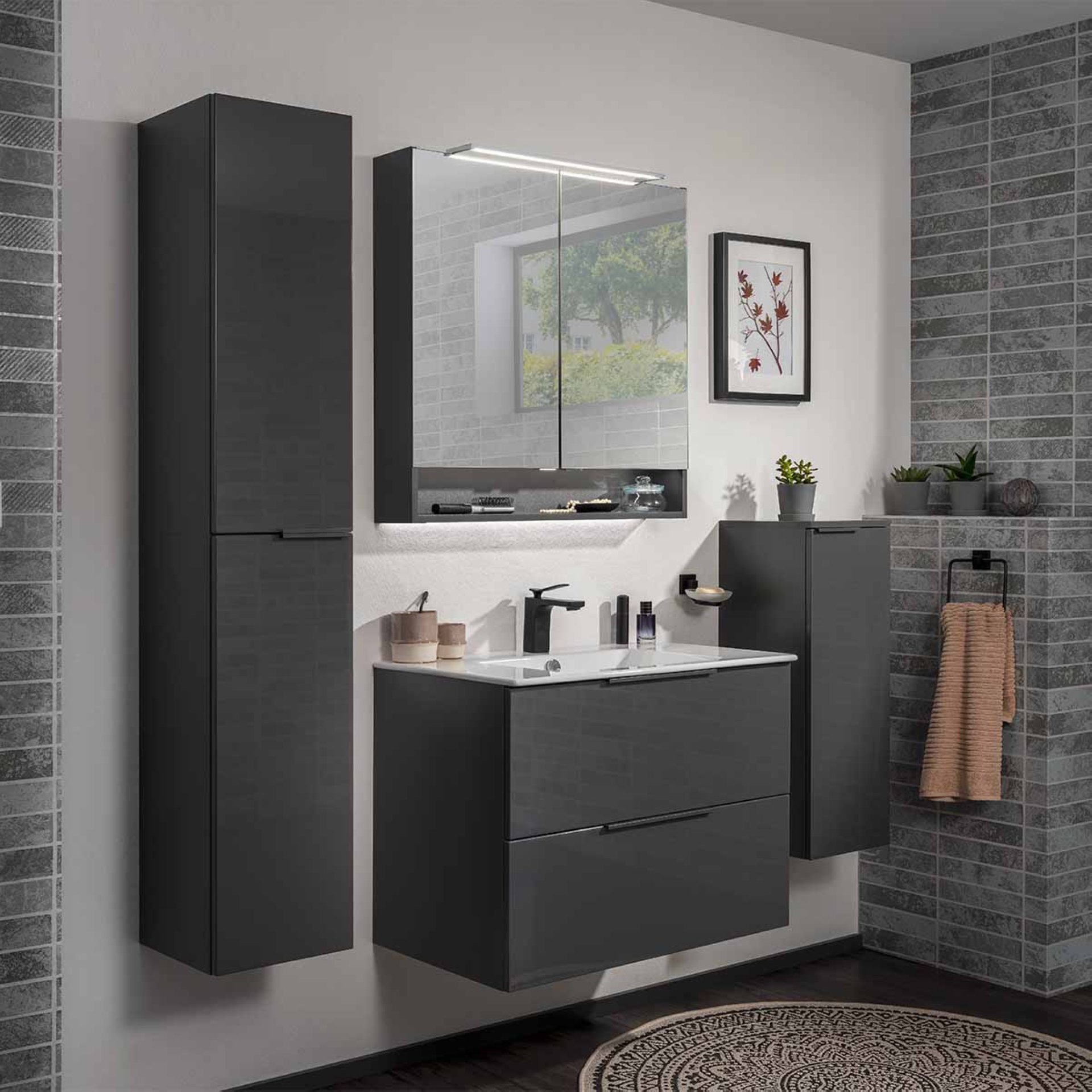 Fackelmann LUNA Badmöbel Set 5-teilig, 80 cm breit, Anthrazit, Keramik+Spiegelschrank+Hochschrank