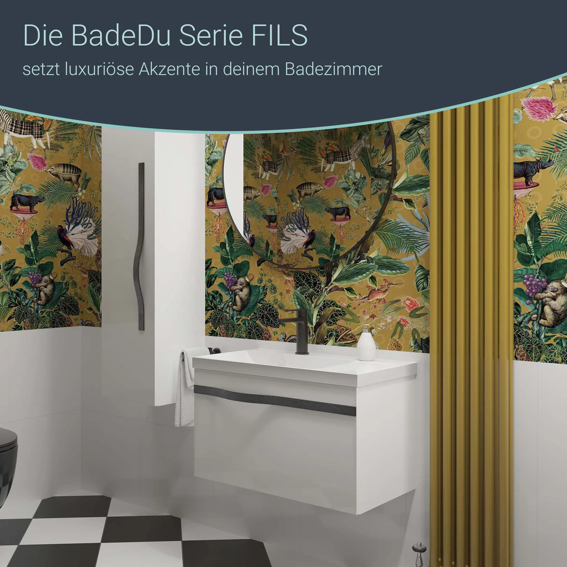 BADEDU FILS Waschbecken mit Unterschrank 69 cm breit, Weiß, Waschbecken Gussmarmor Weiß, Griff Schwarz